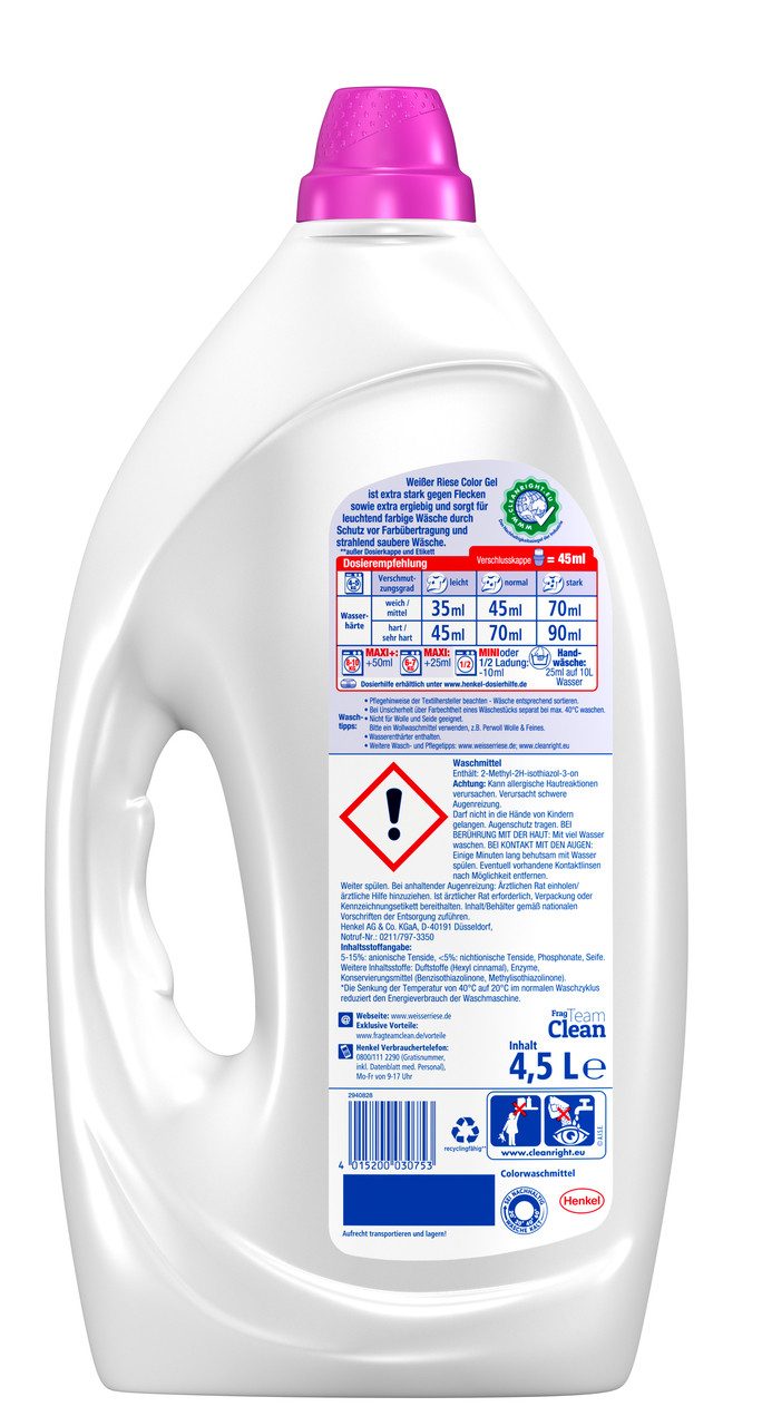 Weißer Riese Weißer Riese Gel Color 100WL & WC FRISCH Spa Momente 50g Colorwaschmittel (Spar-Pack, [2-St. Flüssigwaschmittel & Toilettenstein für Sauberkeit & Frische)
