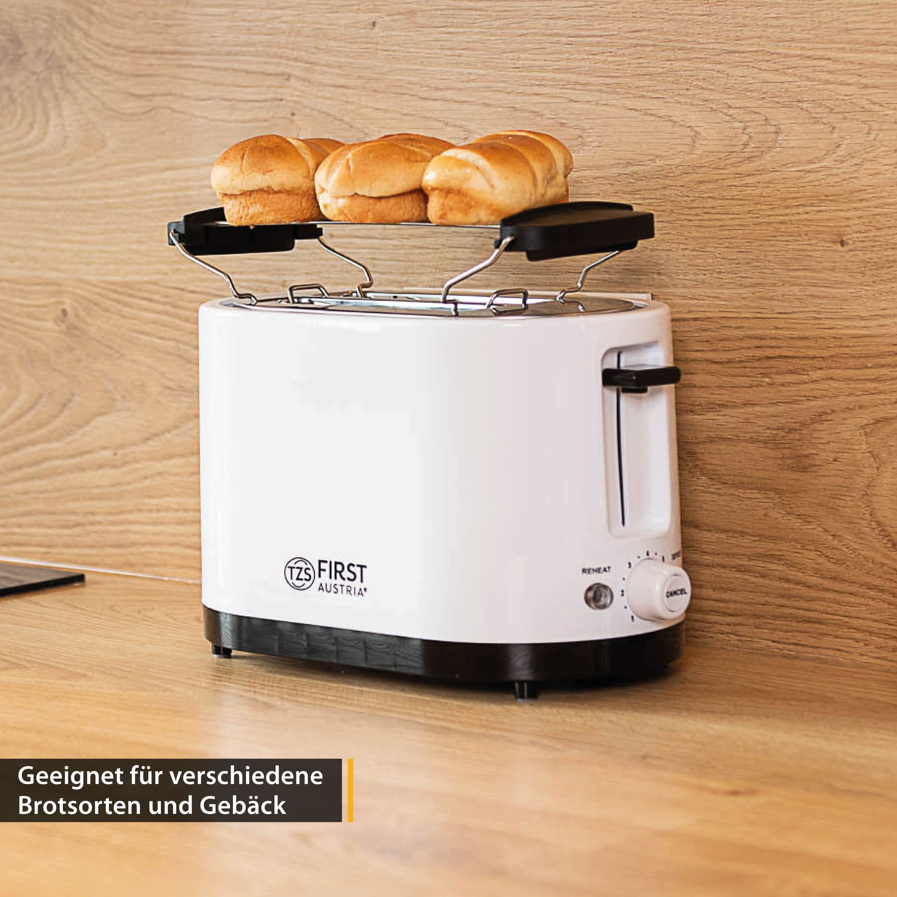 Toaster 750W, 2 Stufen, Warmhalte- Krümelschale 7 2 Scheiben, für Doppel TZS inkl. Kurzschlitz weiß, Auftaufunktion, und AUSTRIA Scheiben, Toaster, FIRST