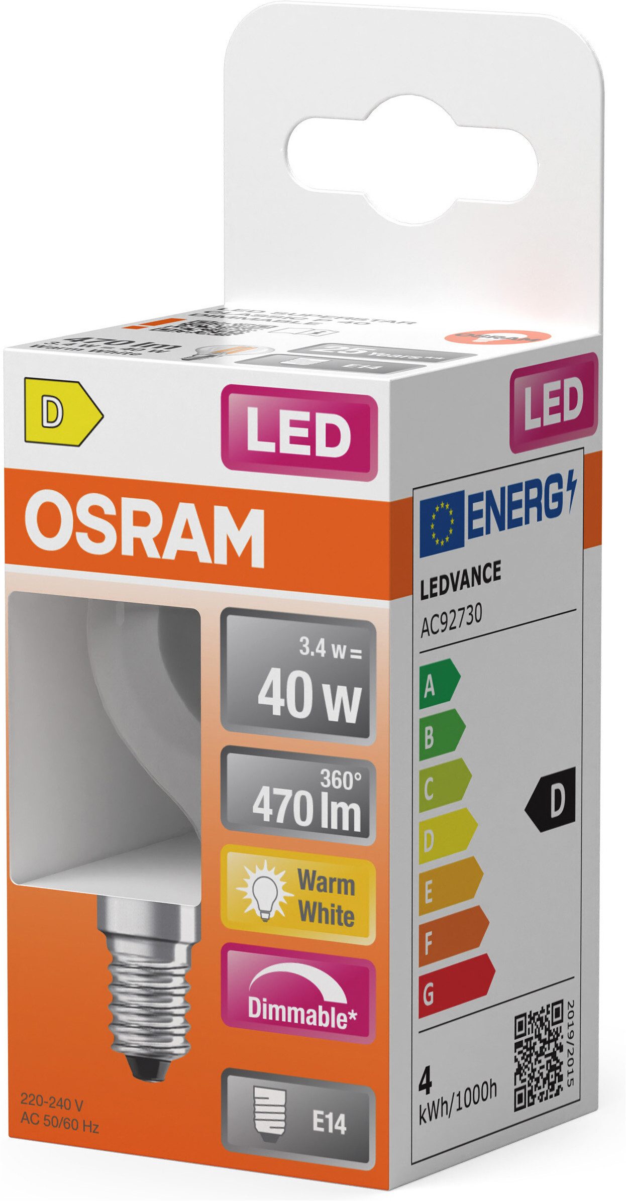 Osram LED-Leuchtmittel LED Retrofit CLASSIC P-Form, E14, 1 St., Warmweiß