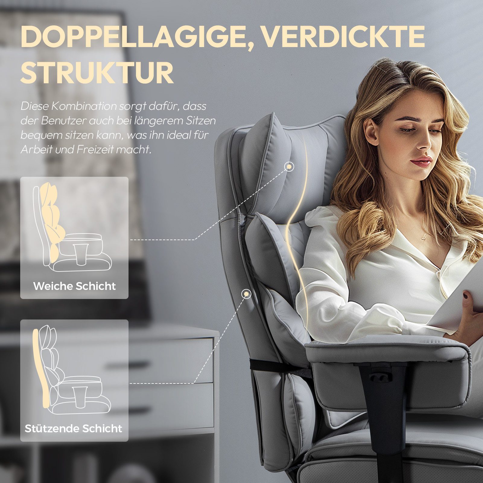 Dowinx Gaming-Stuhl Bürostuhl Ergonomisch mit Taschenfeder-Kissen (Packung), Chefsessel mit weiche Rückenlehne und verstellbare Lendenkissen – Bild 2 von 5