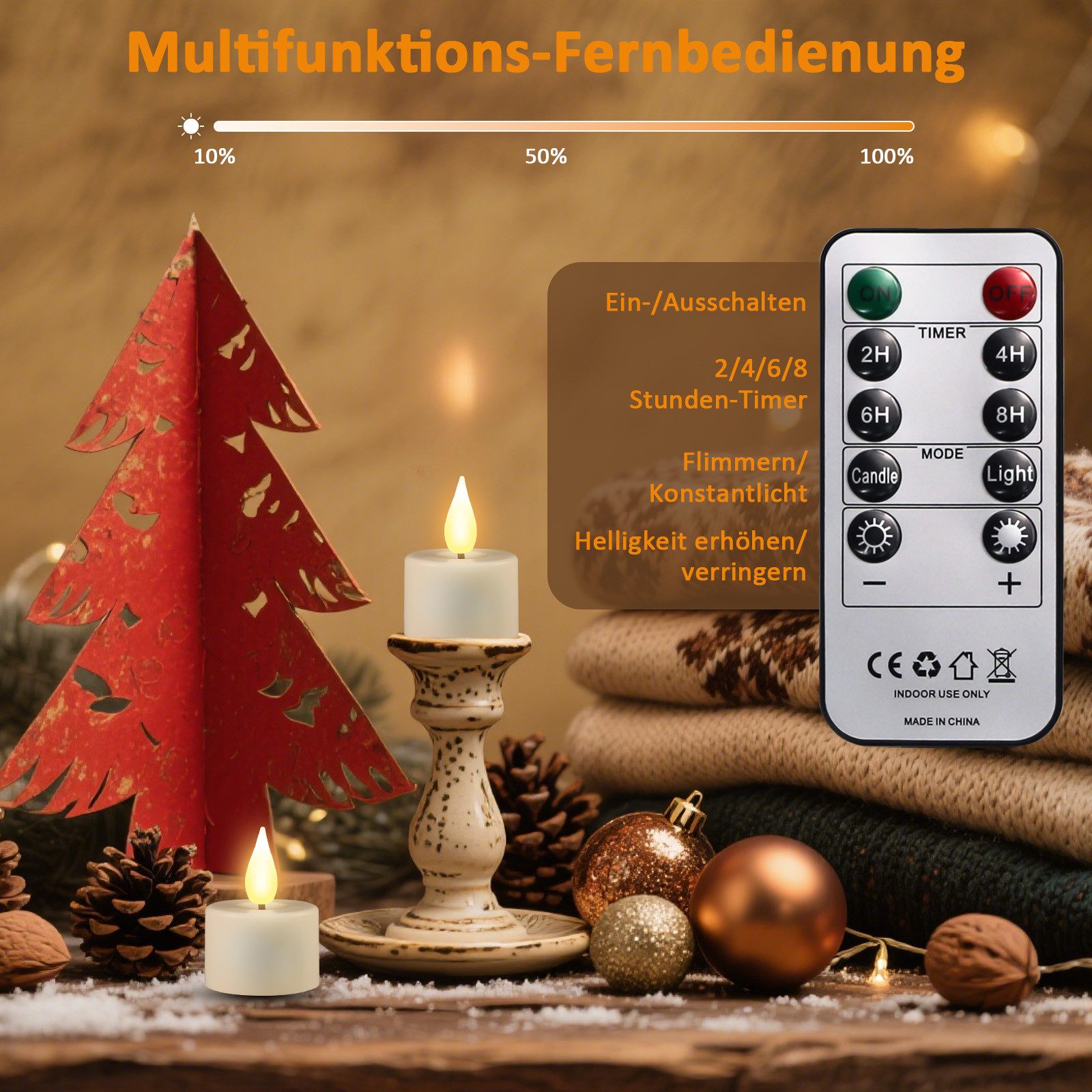 OZAVO LED-Teelichter 6/12er set Aufladbar LED Teelichter mit Timer Fernbedienung USB-Kabel, warmweiß, Flammenlose LED Teelichter Dimmbar für Hochzeiten Partys – Bild 4 von 5