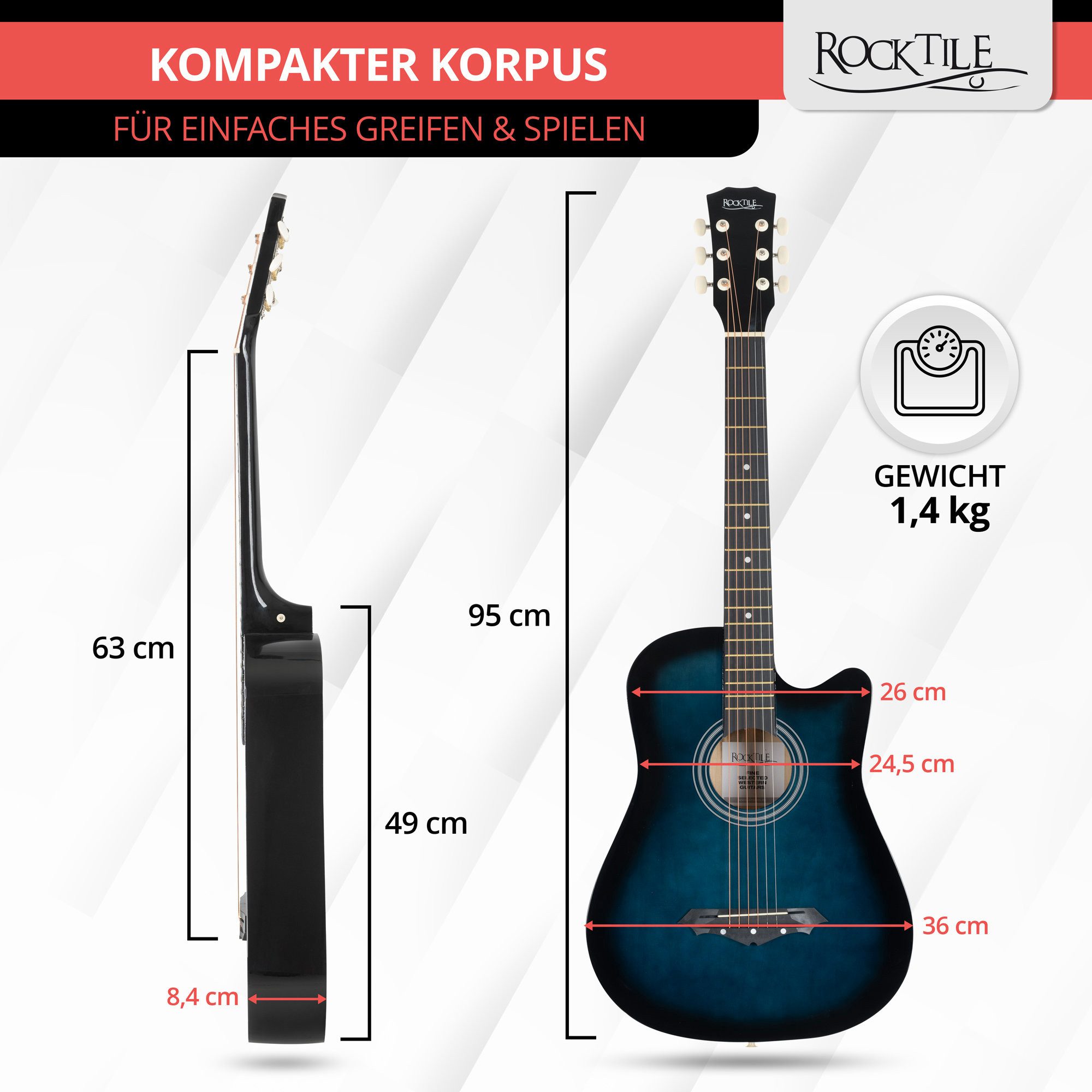 Rocktile Westerngitarre WSD-5C Slim Line Akustikgitarre Set - Dreadnought Akustik Gitarre, Set inkl. Tasche, Ersatzsaiten, Gurt und Plektren