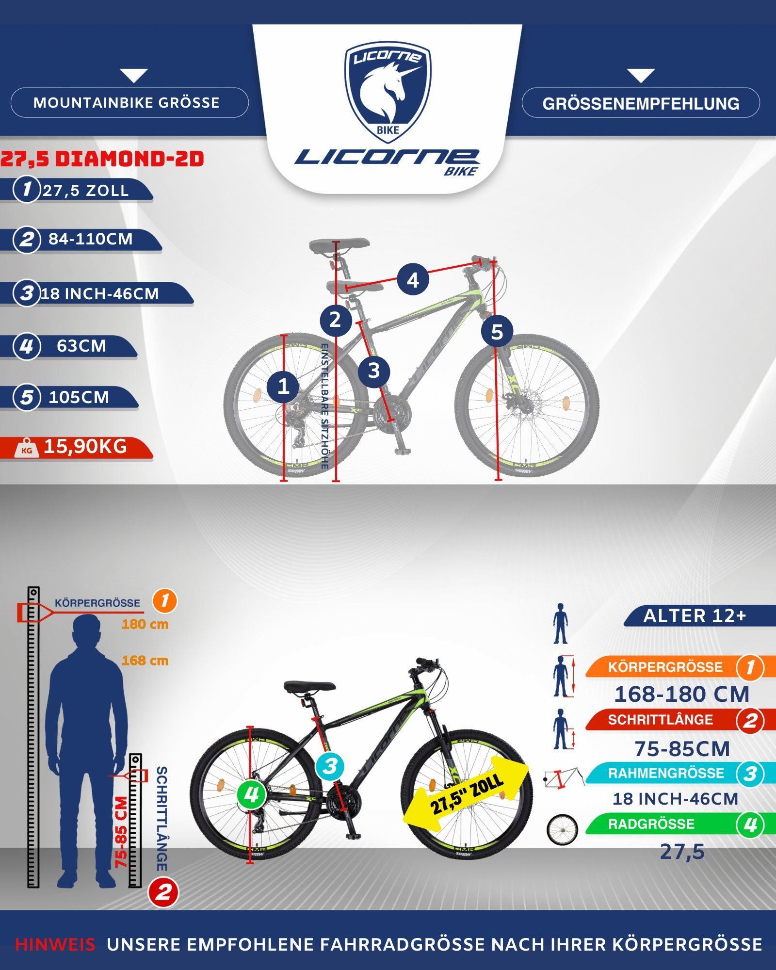 Licorne Bike Mountainbike 26, 27.5 und 21 29 Gang Diamond Bike Alu Mountainbike Schwarz-Lime Licorne Zoll, Premium