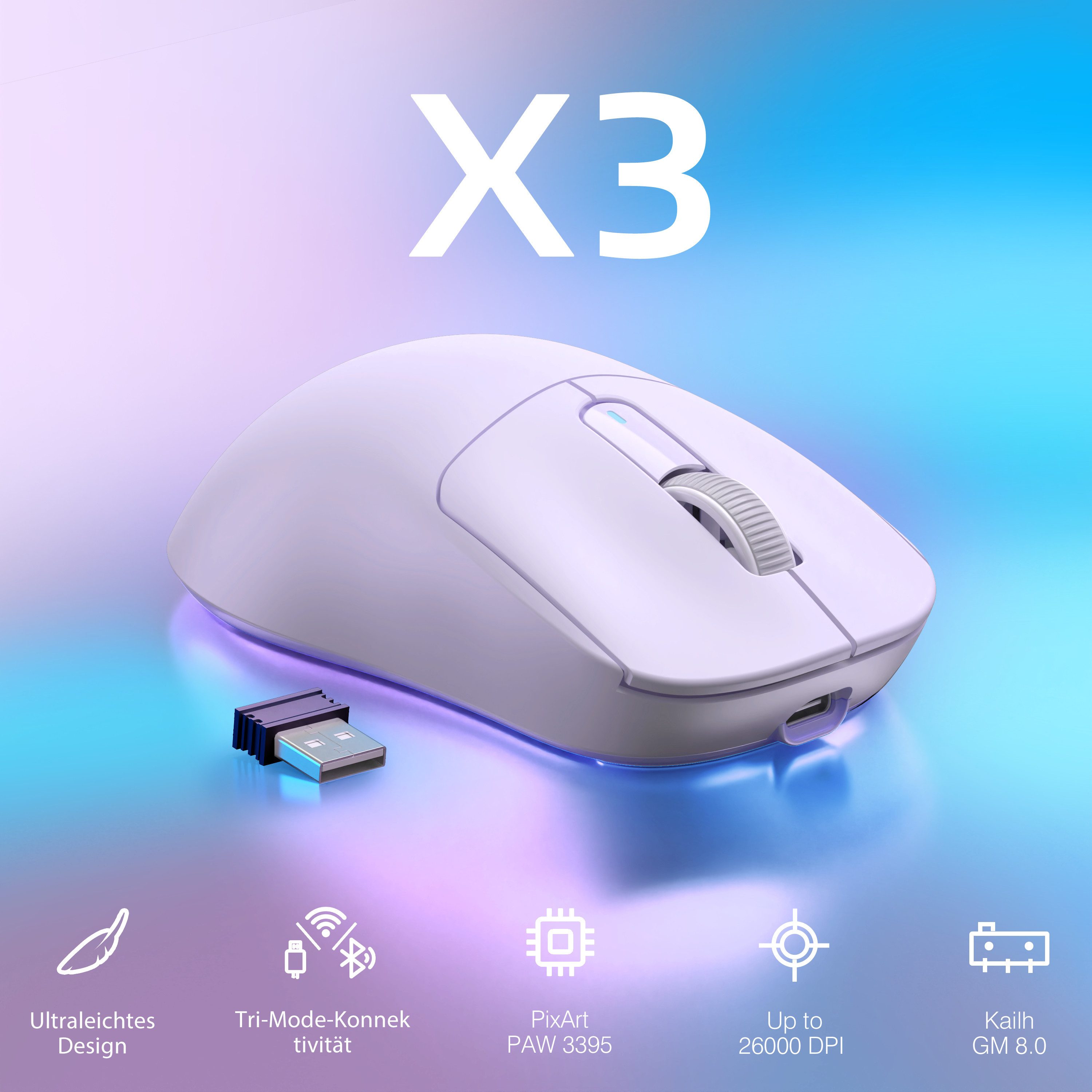 ATTACK SHARK X3 Kabellose Gaming-Maus, 49g Ultraleicht, PAW3395 Gaming-Maus (2.4G, Bluetooth, kabelgebunden, 200H)