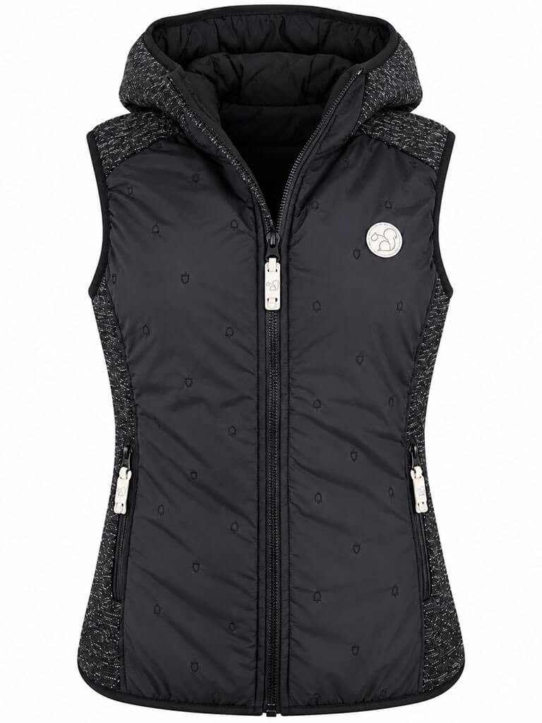 Baumfuchs Funktionsweste Damen Hybridweste mit Kapuze - Outdoor-Weste Damenweste Kontrast Strickfleece, Logo-Allover-Stickerei, Reißverschlusstaschen