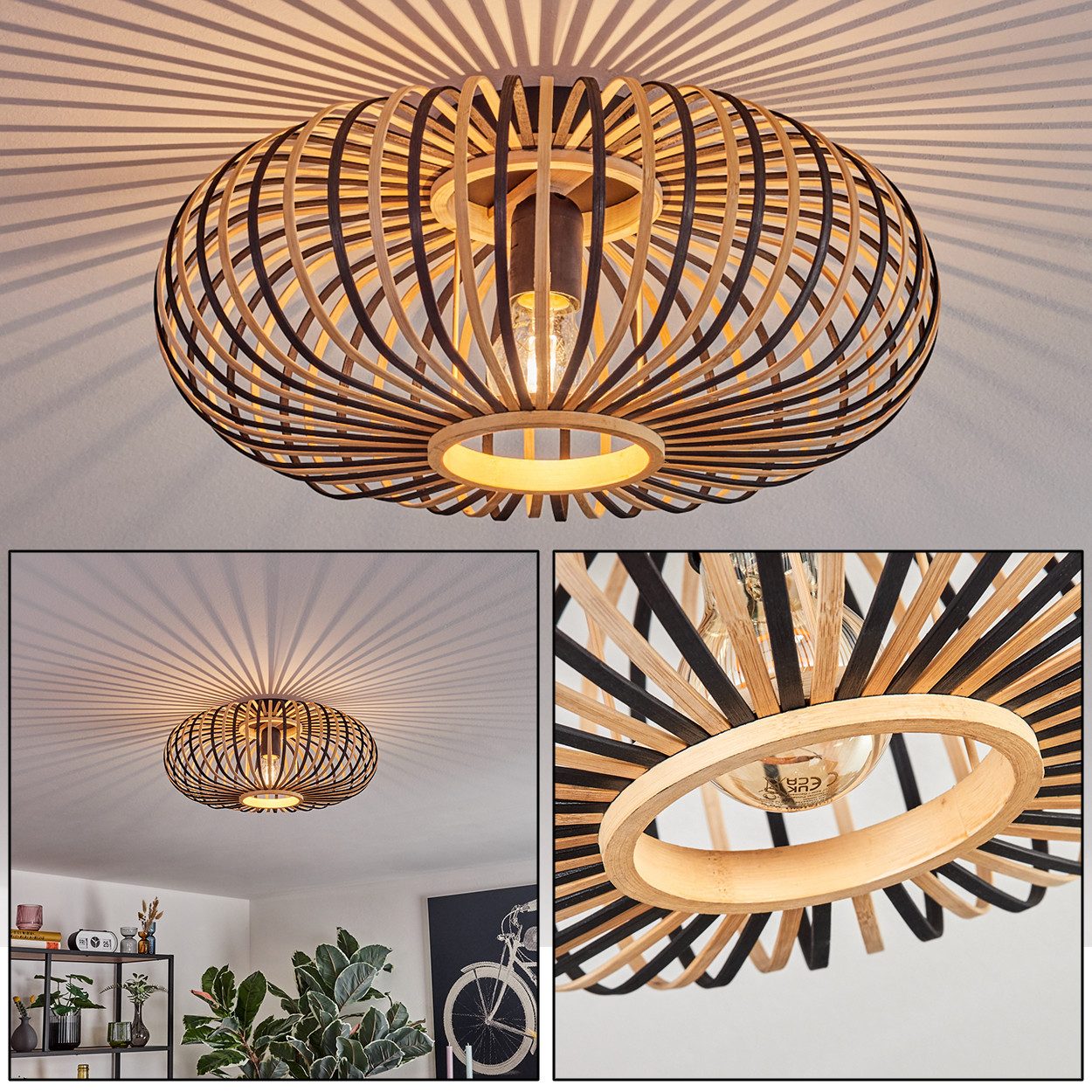 hofstein Deckenleuchte moderne Deckenlampe aus Metall/Bambus in Schwarz/Nat günstig online kaufen