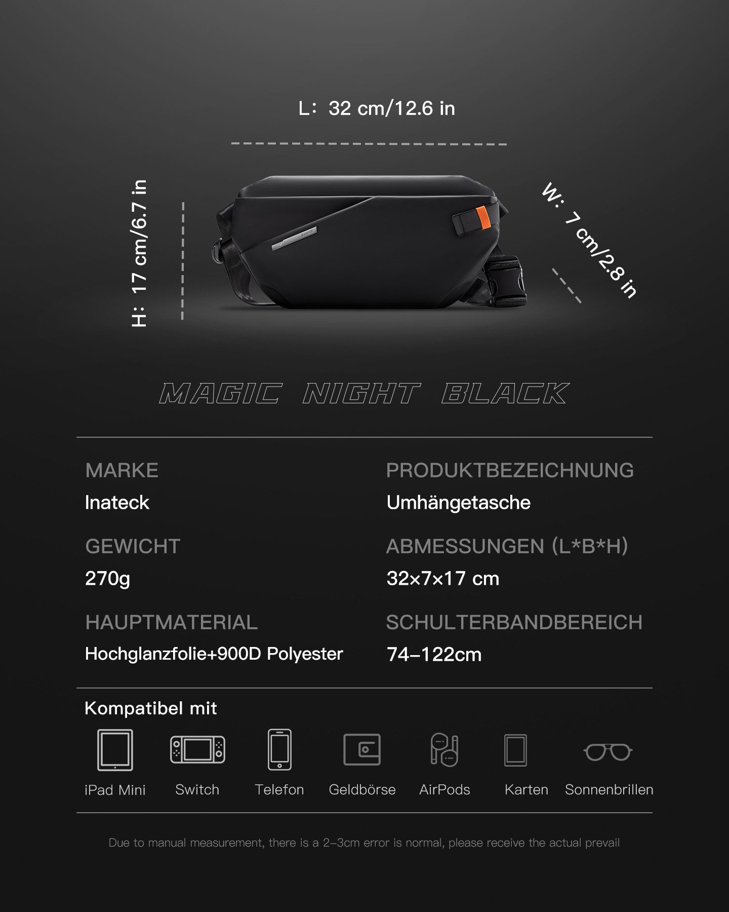 Inateck Gürteltasche 3,8 L Umhängetasche, Leichte Schultertasche Bauchtasch günstig online kaufen