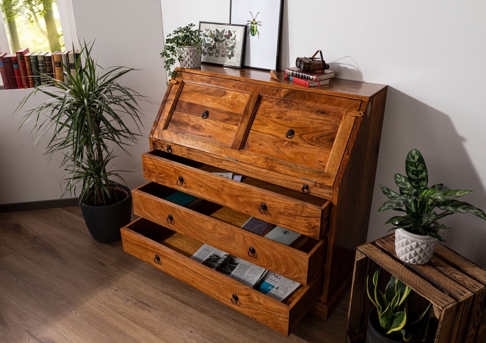 Massivmoebel24 Schreibtisch Sekretär Akazie 107x50x100 honig  lackiert OXFORD #0515