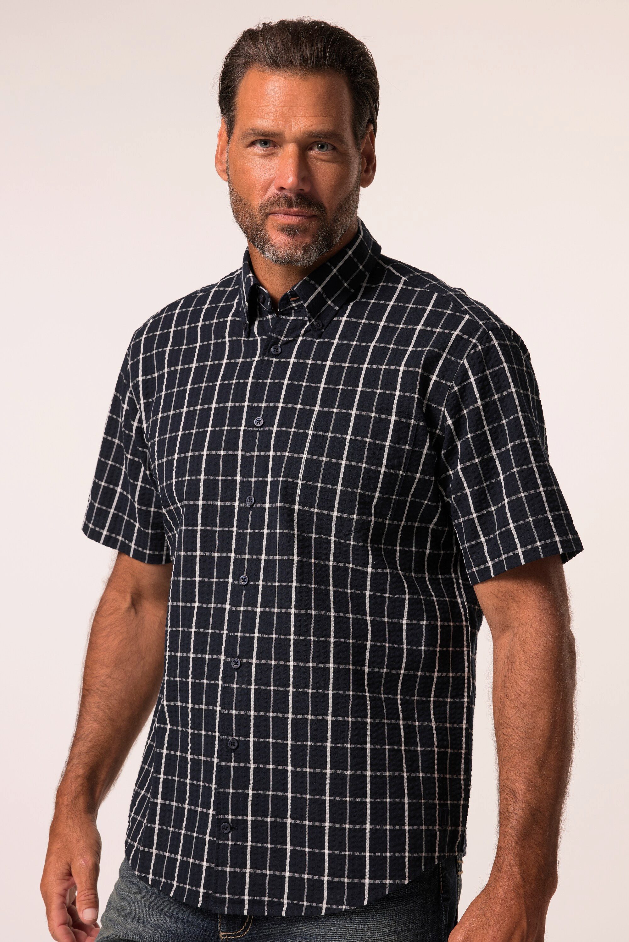 Kurzarmhemd Karohemd Halbarm Seersucker Buttondown-Kragen