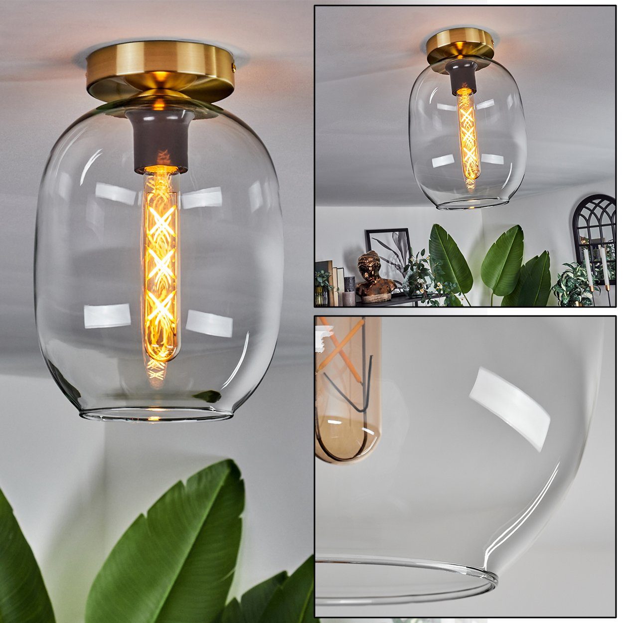 x Leuchtmittel, im Leuchte ohne Metall/Glas in aus Deckenlampe Leuchtmittel ohne E27, Retro-Design Messingfarben/Klar, aus Deckenleuchte 1 Glas, hofstein