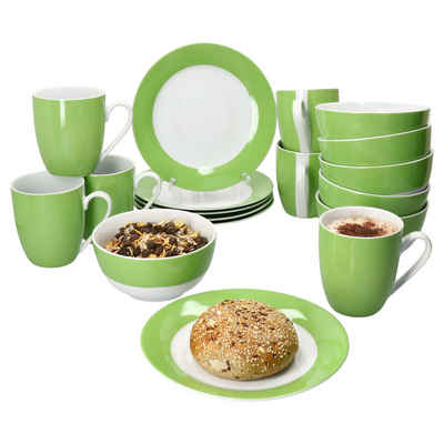 MamboCat Frühstücks-Geschirrset 18tlg Frühstücksset Variant Grün Porzellan 6 Personen, Porzellan