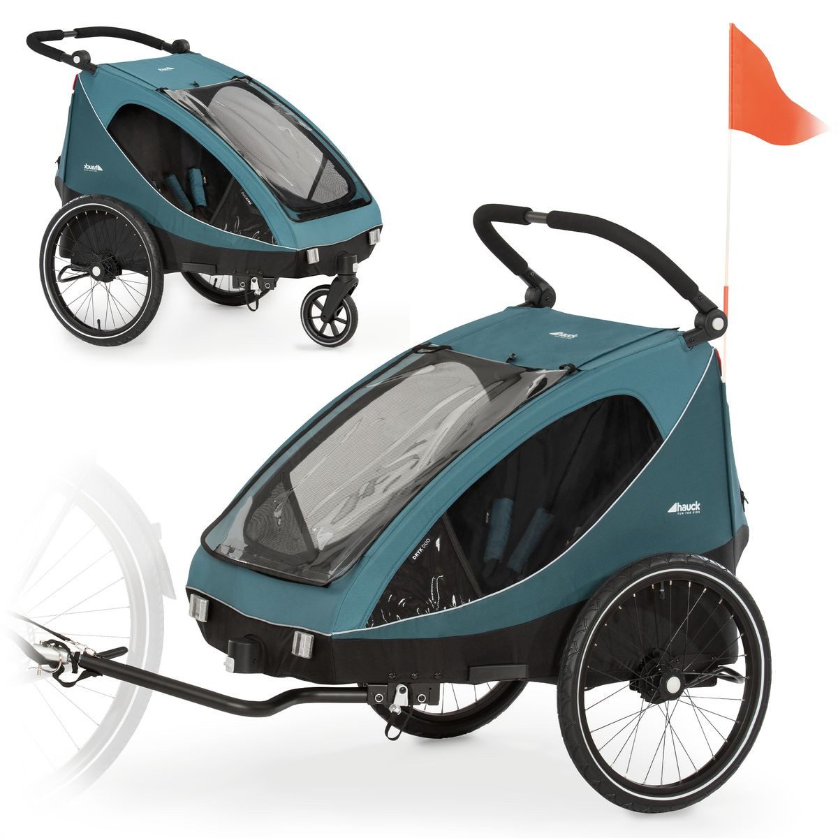 Hauck Fahrradkinderanhänger Dryk Duo - Ocean Green, 2in1 Fahrrad Anhänger & Buggy für 2 Kinder inkl. Deichsel bis 44 kg