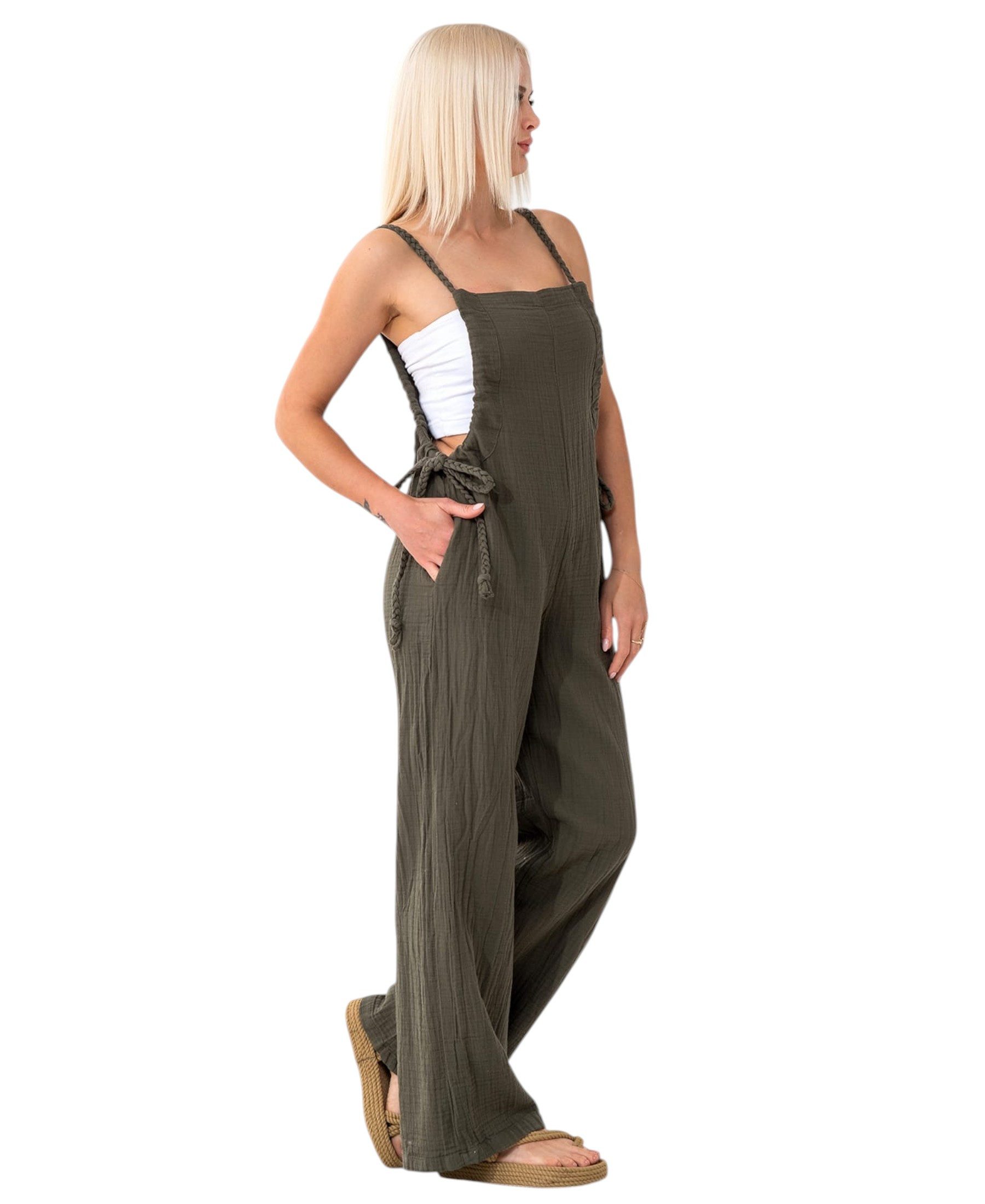 WENOR Latzhose aus Musselin mit Flechtträgern – locker, weich & größenverstellbar Geflochtene, verstellbare Träger; weite Beinform