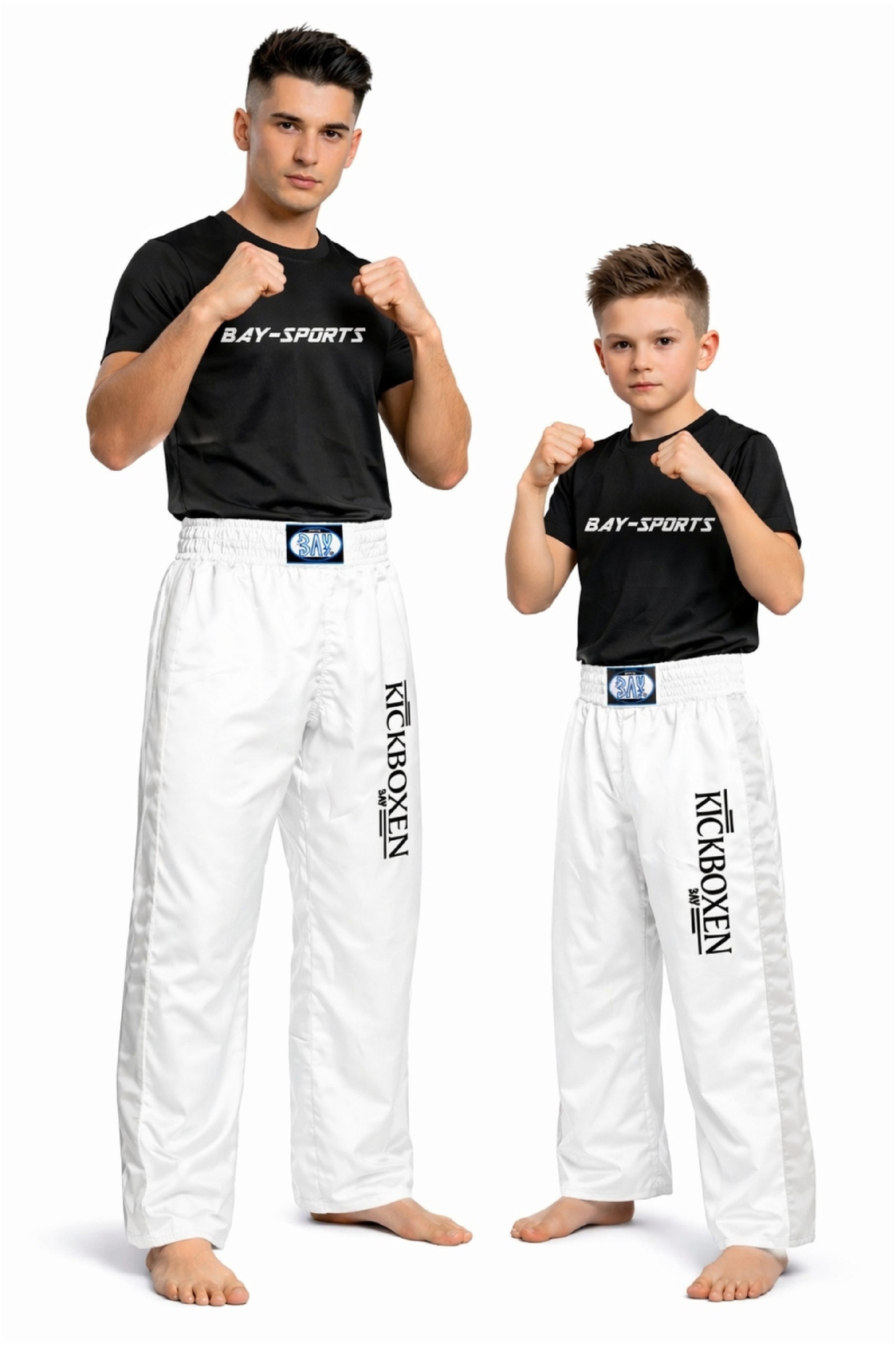 BAY-Sports Sporthose Kickboxhose EDEL STICK Hose lang Kickboxen Kampfsport Kampfsporthose Kinder und Erwachsene, lang, Weiß/Silbergrau