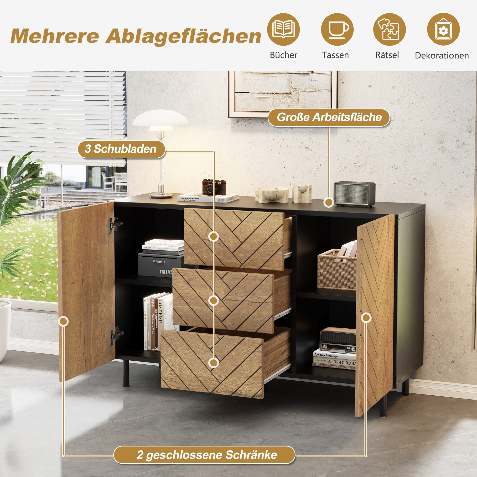 Merax Sideboard im Holzoptik und Schwarz, Aufbewahrungsschrank (1 St), Kommode mit 3 Schubladen, 2 Türen & Stauraum, 120×40×76cm – Bild 4 von 5