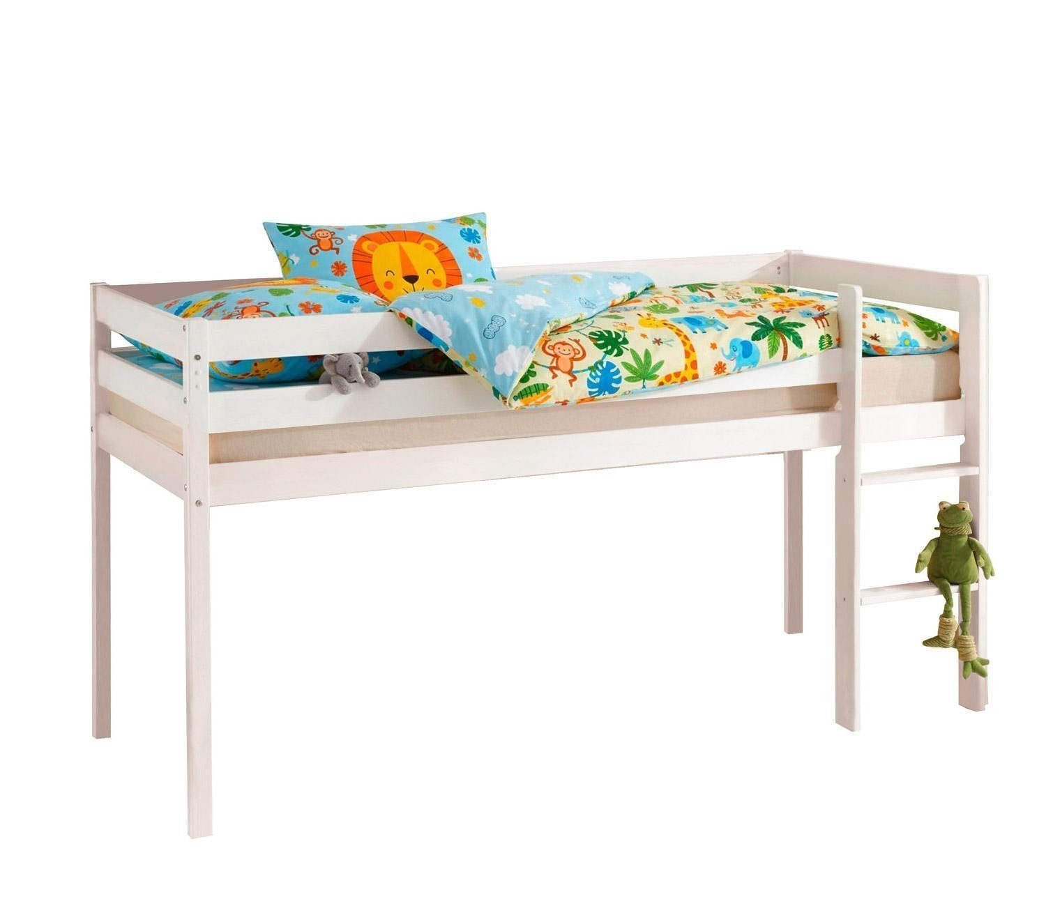 Pol-Power Hochbett ALVIN, Weiß, Kiefernholz massiv, mit Leiter, Rolllattenrost, B 101 x H 113 x T 206,5 cm