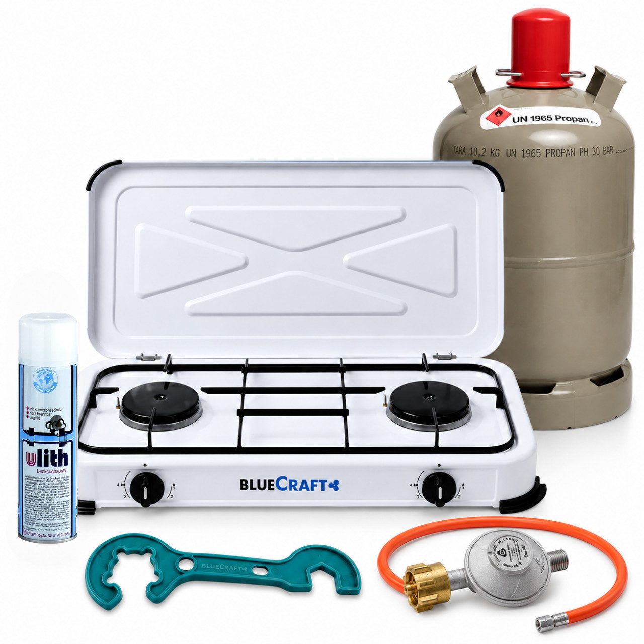 BlueCraft Gaskocher Notfall Kocher Campingkocher 2 flammig 4,4 kW mit Gasflasche (leer), (mit Schlauch 100 cm und Gas Regler Druckminderer Gasherd Gas-Kochfeld), Notfall Kocher Stromausfall mit Propan Gasflasche 11kg ungefüllt-leer