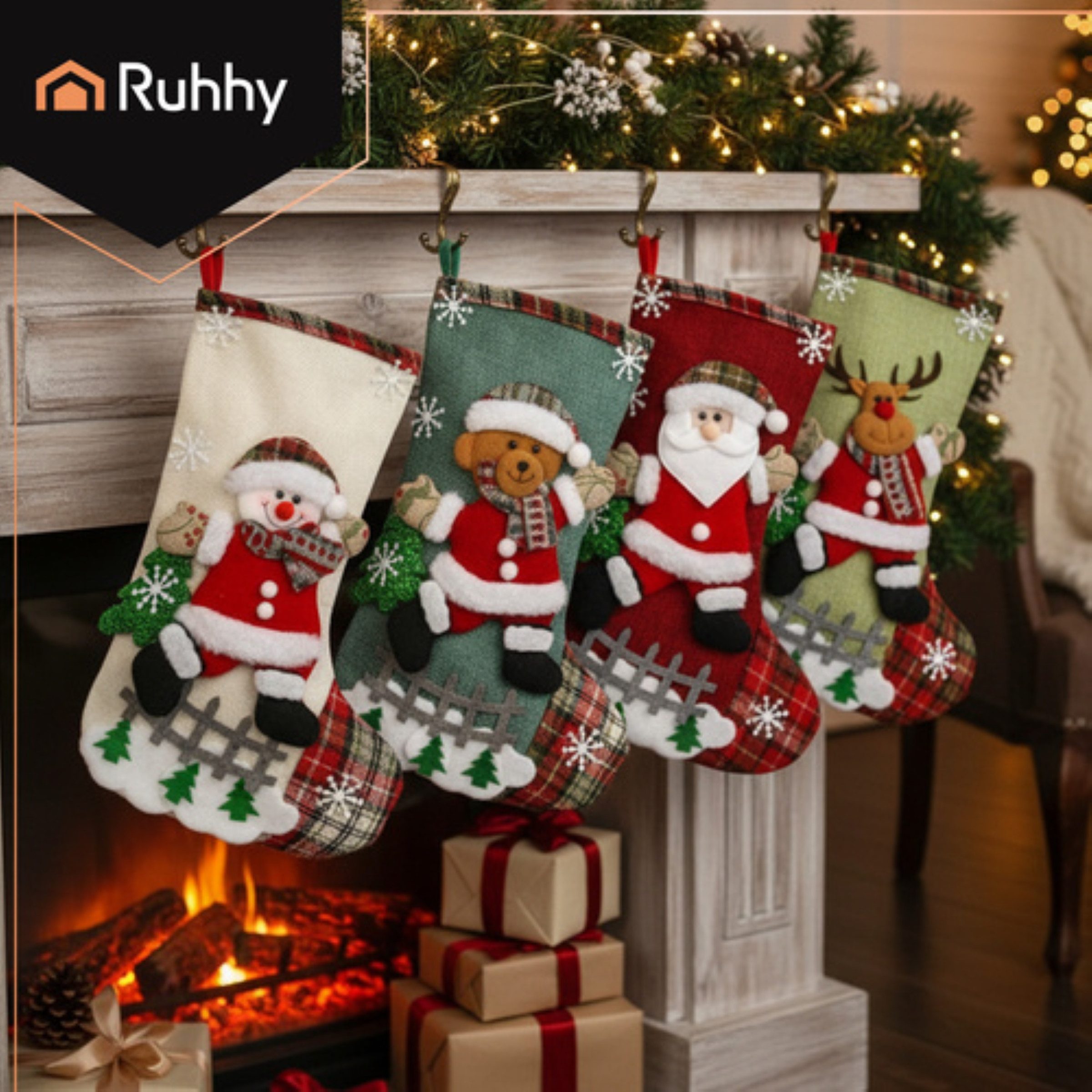 Ruhhy Nikolausstiefel Weihnachtskaminsocken Weihnachtsmann, Rentier, Schneemann, Teddybär (Dekorations- & Geschenkset für Weihnachten, 4 St., 4 dekorative Weihn – Bild 3 von 5