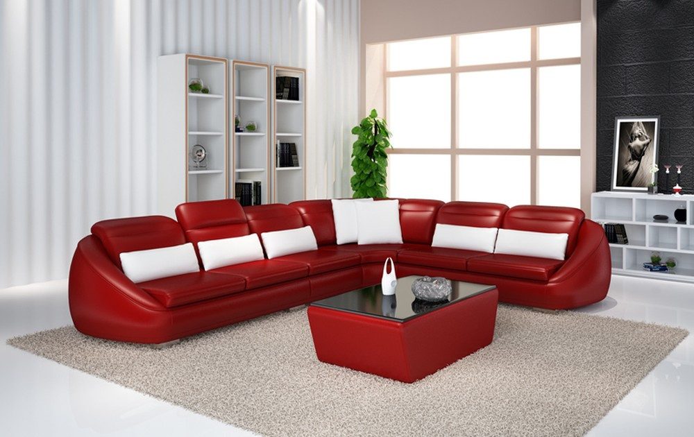 Ecksofa Rotes L-förmiges Sofa mit Hocker, gepolsterte Wohnlandschaft