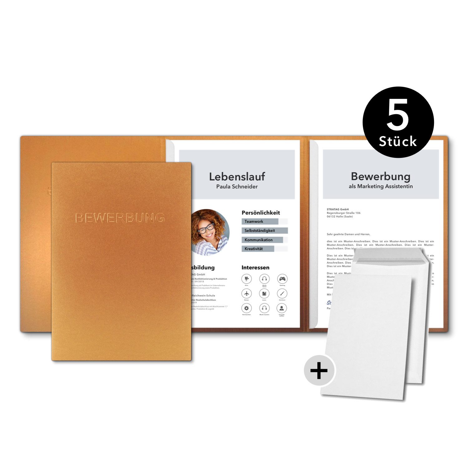 STRATAG Bewerbungsmappe favorit Metallic - 5 Stk. 3-tlg mit 2 Klemmschienen und Versandtaschen (Set, 5-St., Premium-Qualität mit hochwertiger Relief-Prägung BEWERBUNG), direkt vom Hersteller STRATAG - handgefertigt in Deutschland