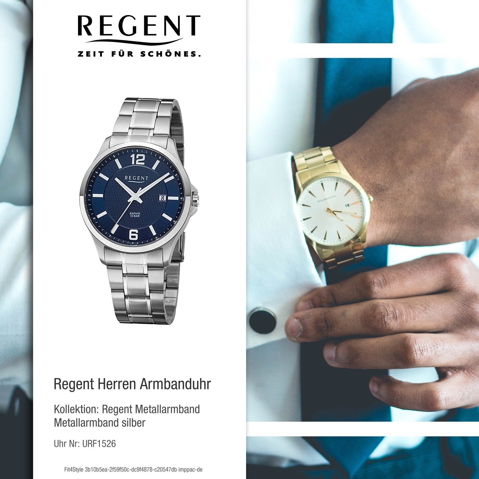 Armbanduhr (ca. groß Metallarmband rund, 39mm), Armbanduhr extra Regent Analog, Regent Quarzuhr Herren Herren