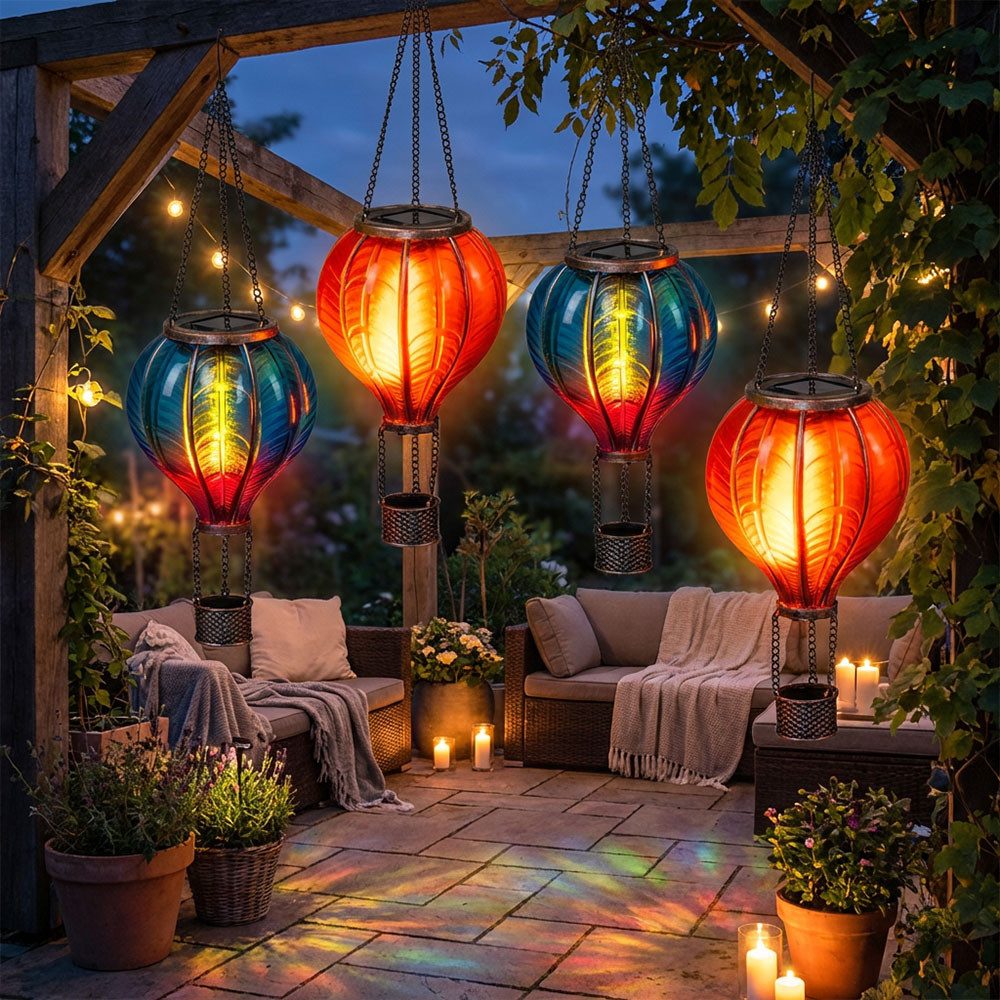 Haushalt International LED Solarleuchte, LED-Leuchtmittel fest verbaut, Warmweiß, Solar Hängelampe Heißluftballon LED Garten bunt 4er Set