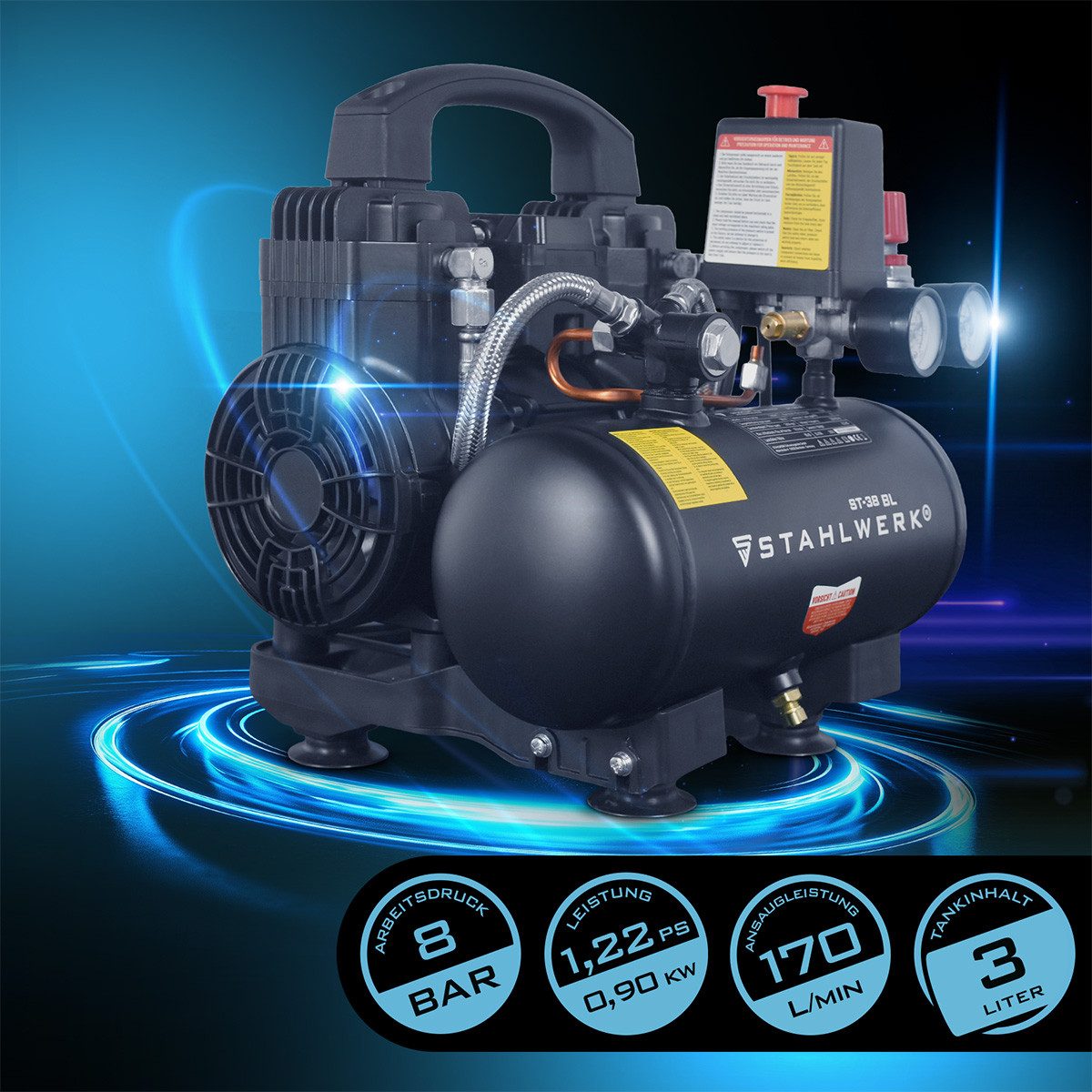 STAHLWERK Kompressor Kompressor 8 bar 3 L 1,22 PS 0,90 kW 170 l/min Drucklu günstig online kaufen