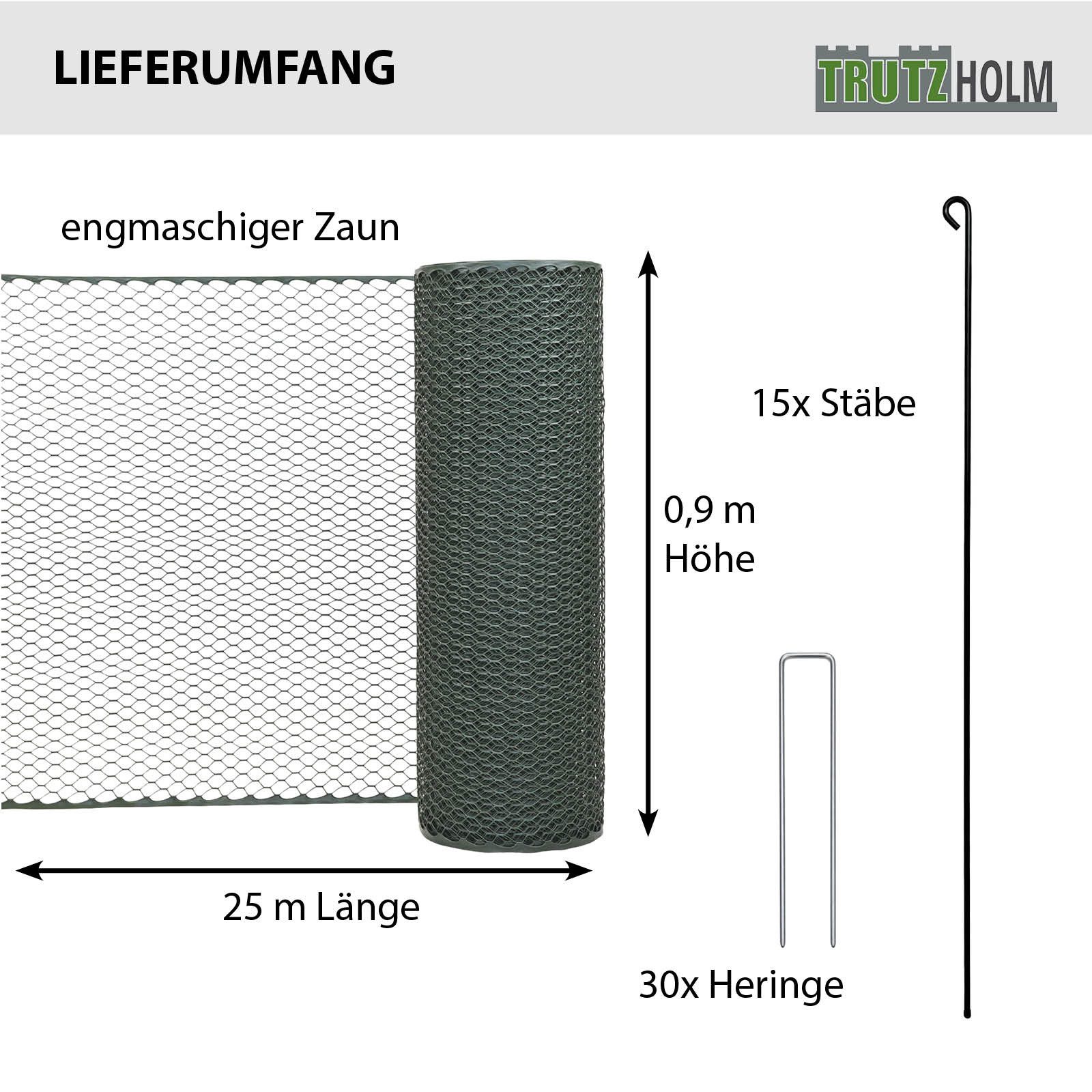 TRUTZHOLM Hühnerzaun Hühnerzaun 25 m lang x 0,9 m hoch, grün, 25 m x 0,9 m, incl. 15x Stäbe und 30x Heringe, grün