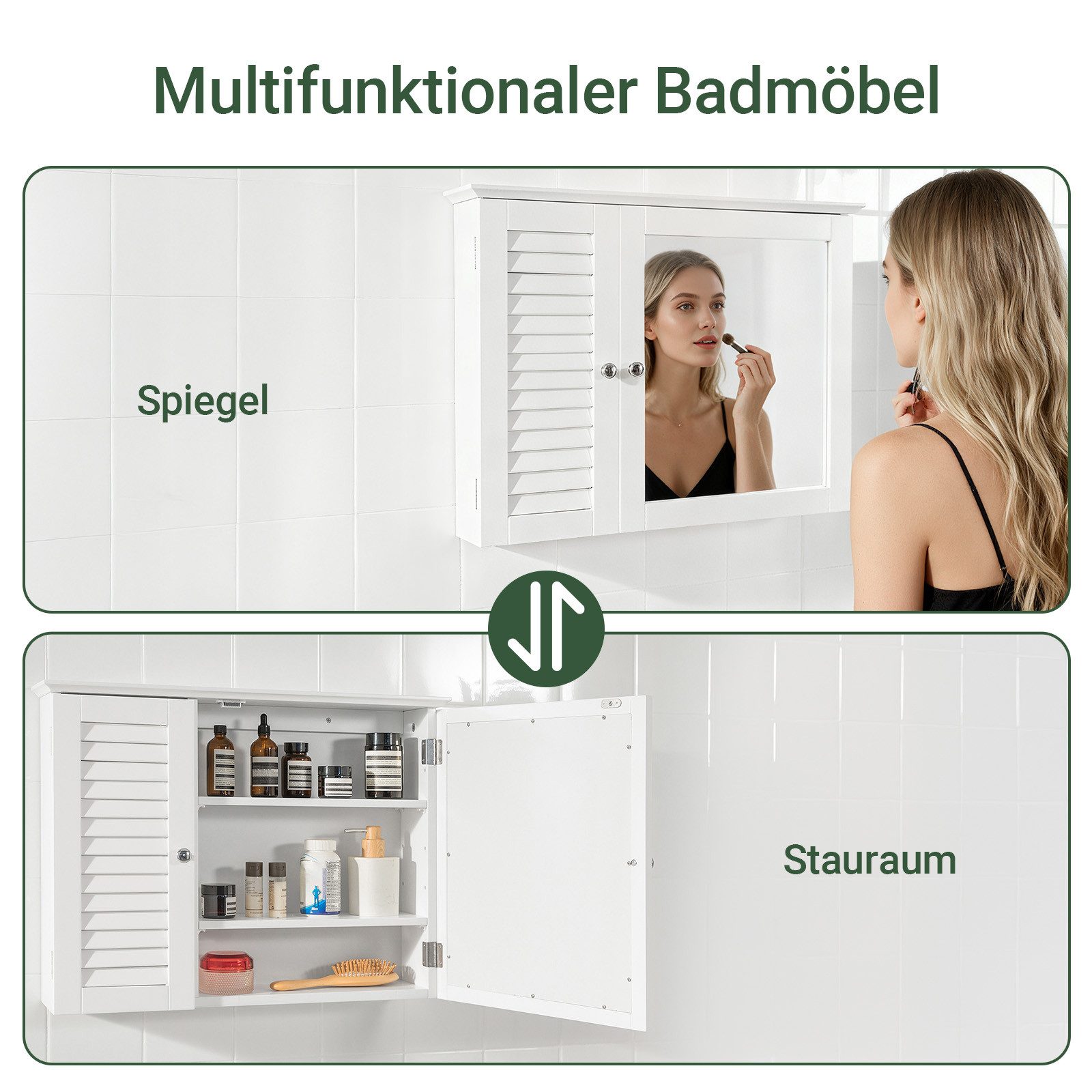 SoBuy Badezimmerspiegelschrank BZR55, Spiegelschrank Hängeschrank, Badezimmerschrank mit Spiegel mit Lamellentür, Wandschrank mit Spiegeltür, Verstellbare Regal – Bild 4 von 5