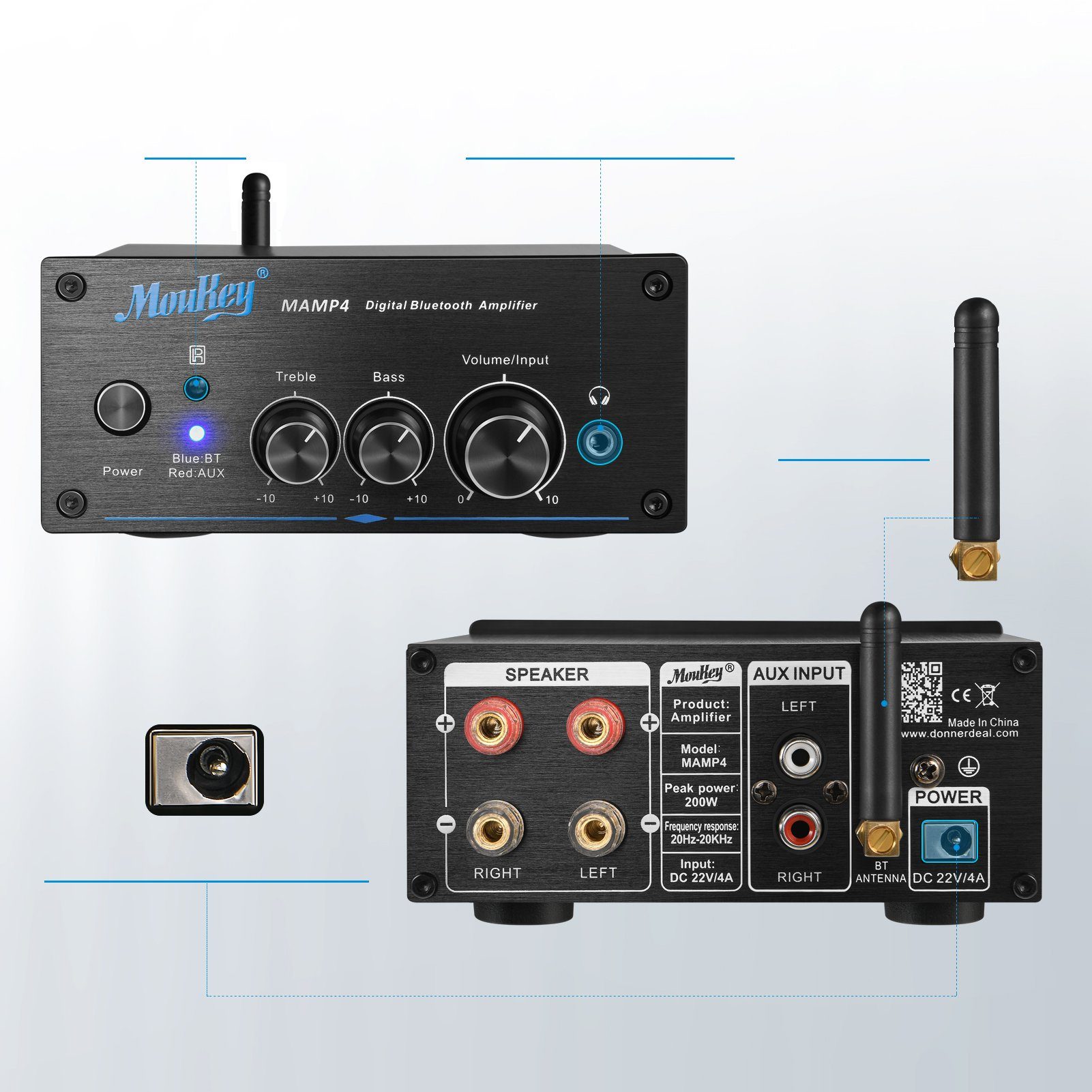 (Anzahl Stereo-Audioverstärker Audioverstärker MAMP4 Moukey 200,00 Kanäle: Klasse Hi-Fi-Leistungsverstärker W, D) 2, Mini-Verstärkerempfänger Integrierter der