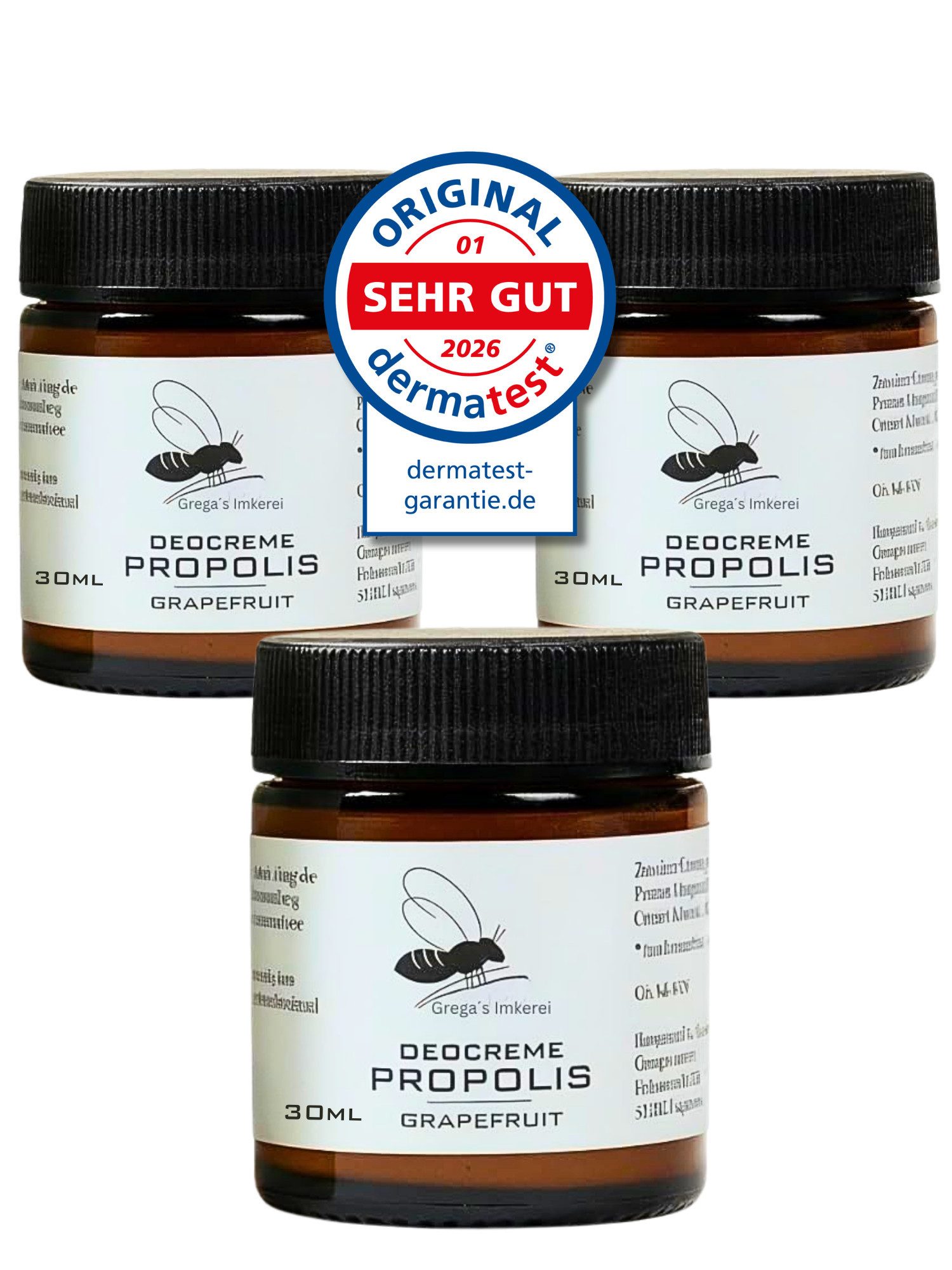 Grega´s Imkerei Deo-Creme Propolis Deocreme Grapefruit 30ml, Derma Test "Sehr gut" 2026, Im Glastigel Handgefertigt in Deutschland, 3-tlg., Zertifiziertes Naturprodukt ohne Aluminium