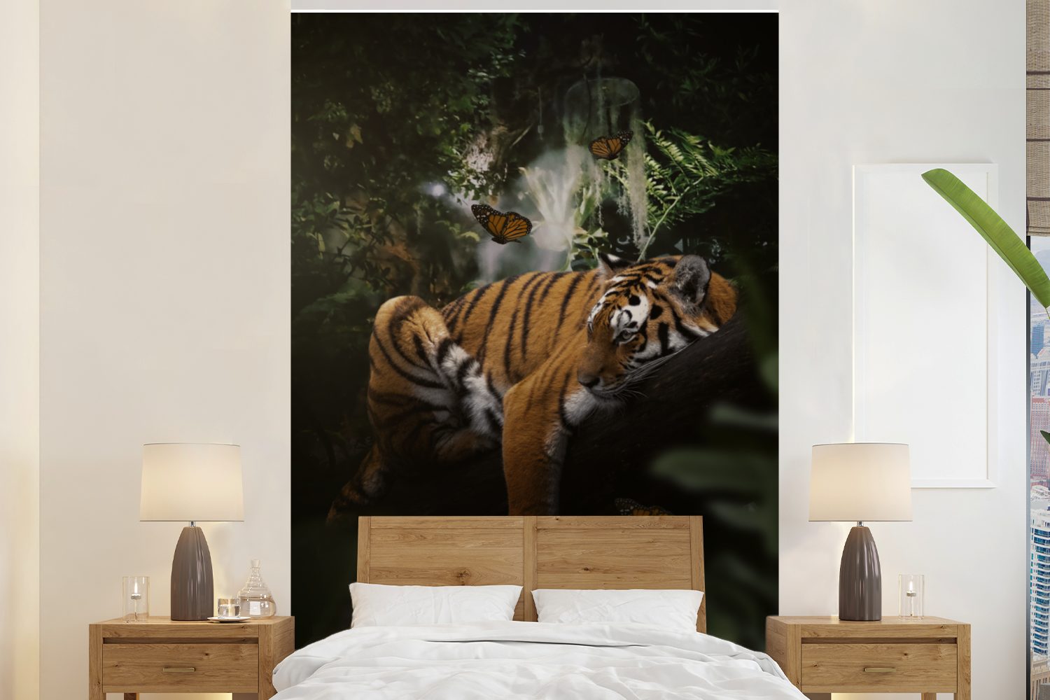 MuchoWow Fototapete Tiger - Dschungel - Schmetterling, Matt, bedruckt, (3 St), Montagefertig Vinyl Tapete für Wohnzimmer, Wandtapete