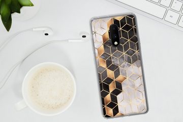 MuchoWow Handyhülle Abstrakt - Würfel - Gold - Muster - Schwarz - Weiß, Phone Case, Handyhülle OnePlus 7, Silikon, Schutzhülle
