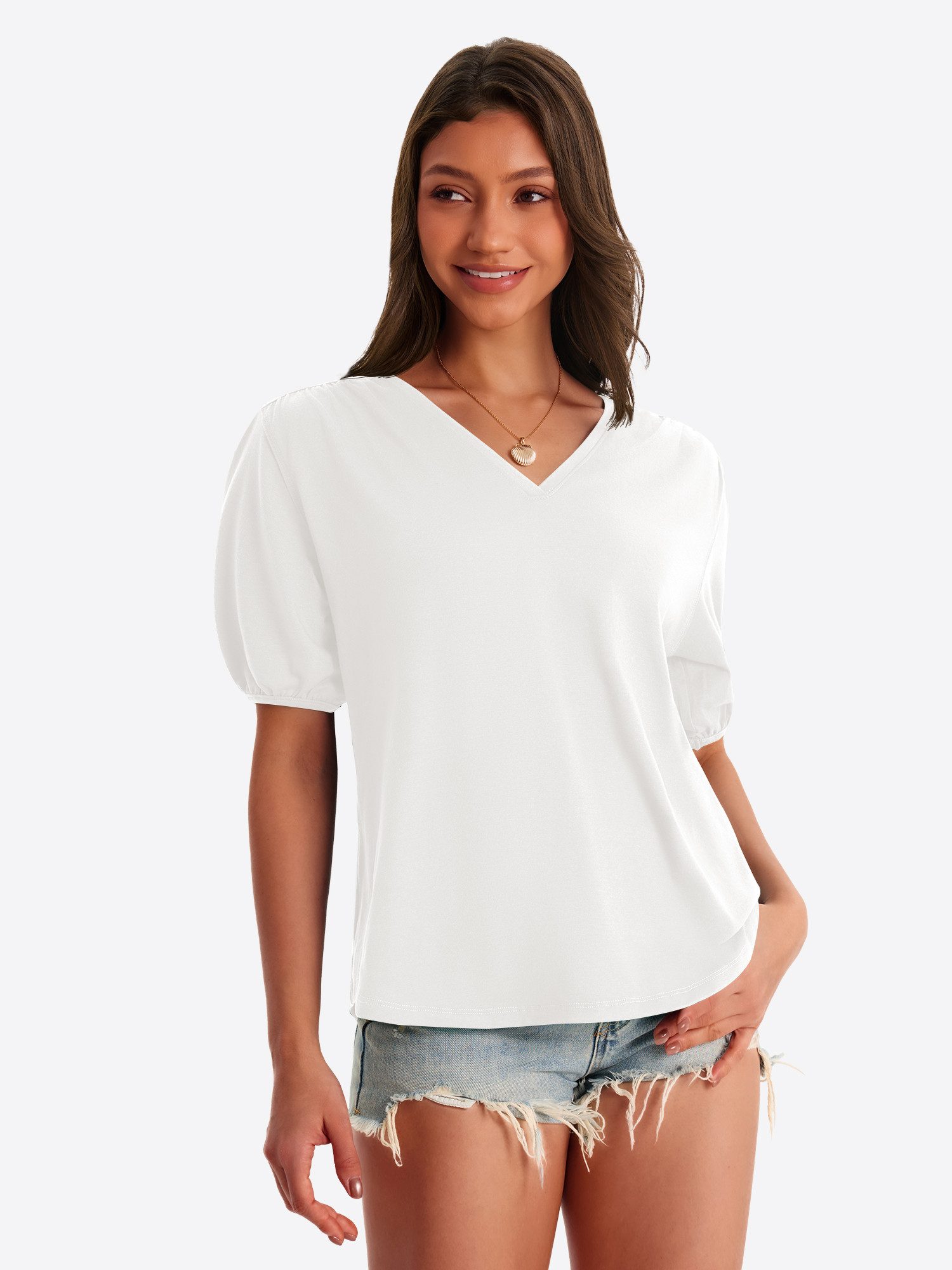 T-Shirt Damen Puffbluse mit V-Ausschnitt