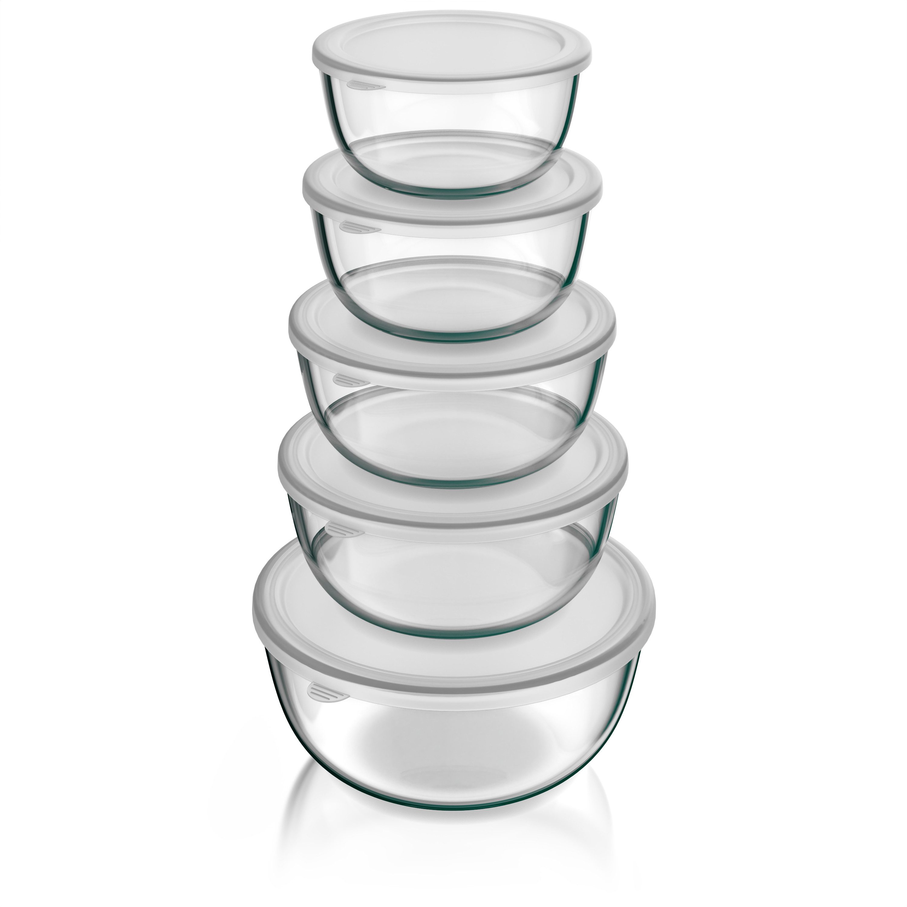 Arendo Salatschüssel 5x Glasschüsseln + Deckel 1L, 1,5L, 2L, 2,7L & 4,4L, Glas Rührschüssel, Glas, (5er Set, 5-tlg), Glasschale, BPA-frei, Spülmaschinen und Mikrowellen geeignet