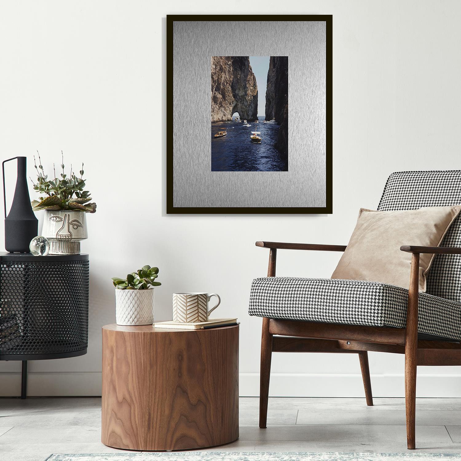 queence Bild Trend Wandbild, Wandkunst, Kunstdruck "Meer und Boote", Boote & Schiffe, Meer Bilder, Wasser (1 St), inkl. Passepartout aus hochwertigem Aluminium und schwarzem Rahmen