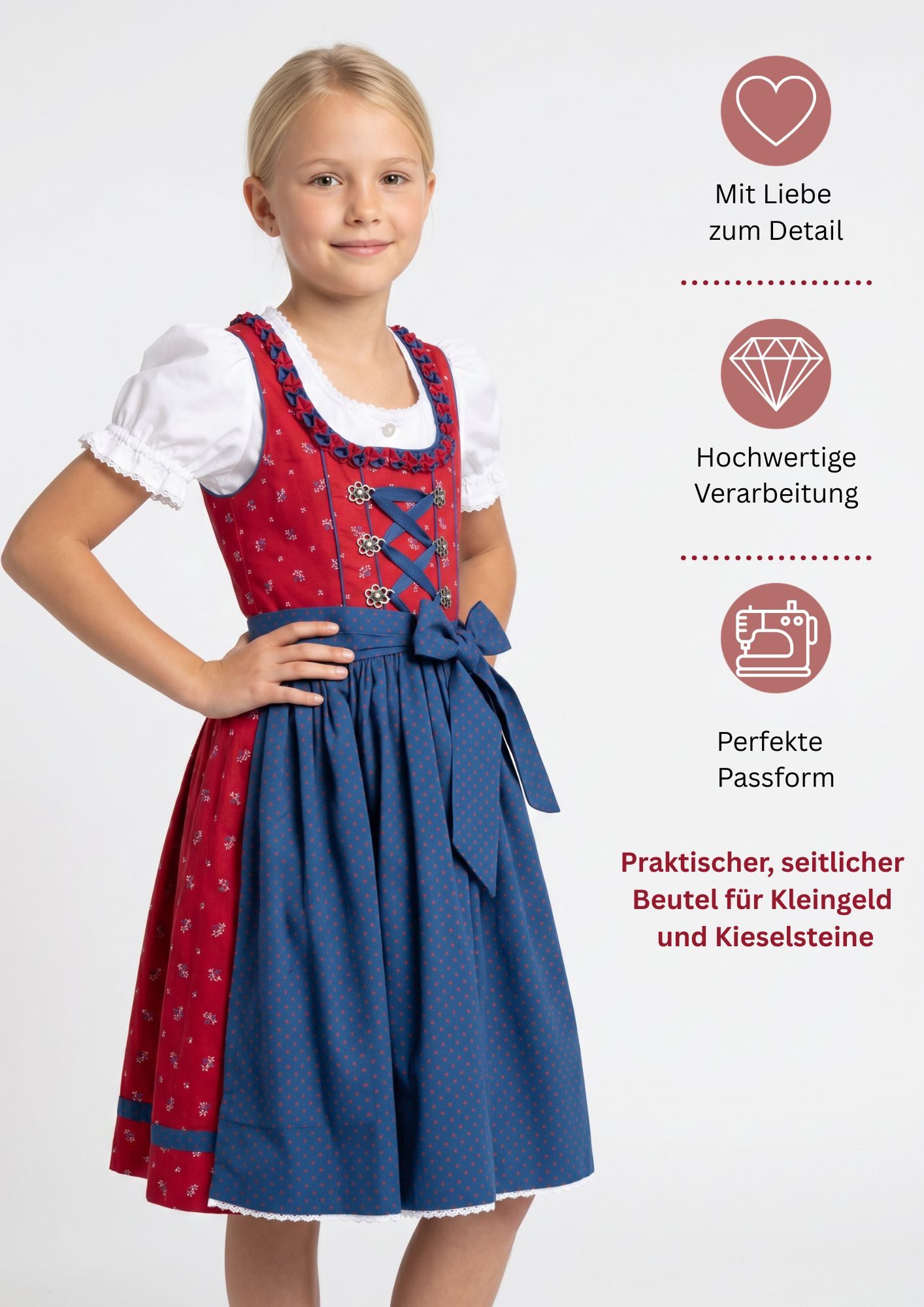 Nübler Dirndl Mädchen Dirndl im traditionellen Stil Kinder Trachten (Dirndl Set EMILIA, 3-tlg., Dirndl Kleid mit Bluse und Schürze) Kinder Tracht im bayerischen Stil - Trachtenmode Kinder