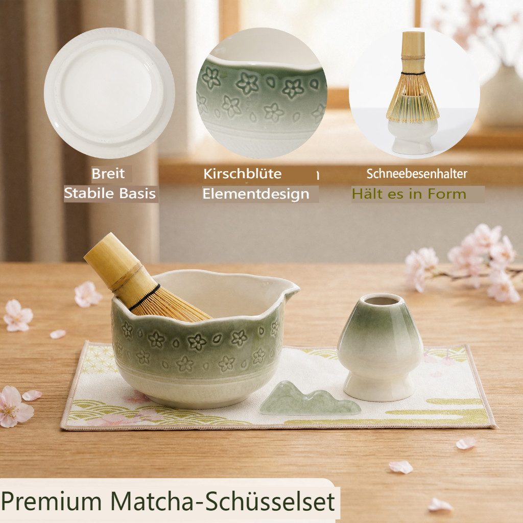 VONATES Teeservice 9tlg. Matcha Set mit Matcha-Schale, Bambus-Besener & Halter, Sieb, Löffel, Tuch, Eisform, aus Bambus und Keramik für Teezeremonie
