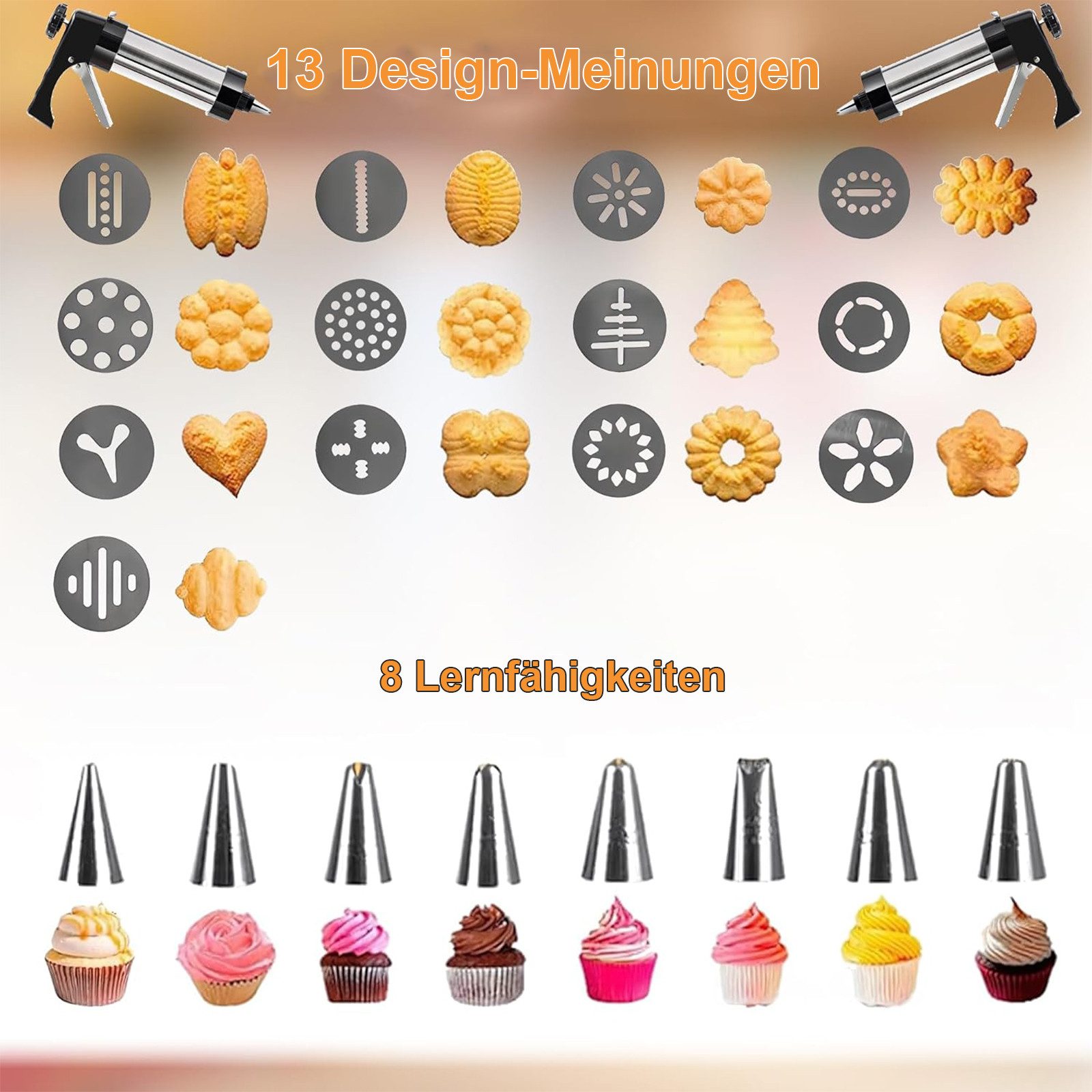 REDOM Gebäckpresse Teigpresse Keksformmaschine Spritztülle Set Spritzgebäckpresse, (13 Formscheiben 8 Dekordüsen für vielfältige Gebäck- und Dekodesigns, 1-tlg., Backzubehör Gebäck ideales Backzubehör für Familien Kreative), für Keksteig Cremes Sahne oder Käsecremes geeignet