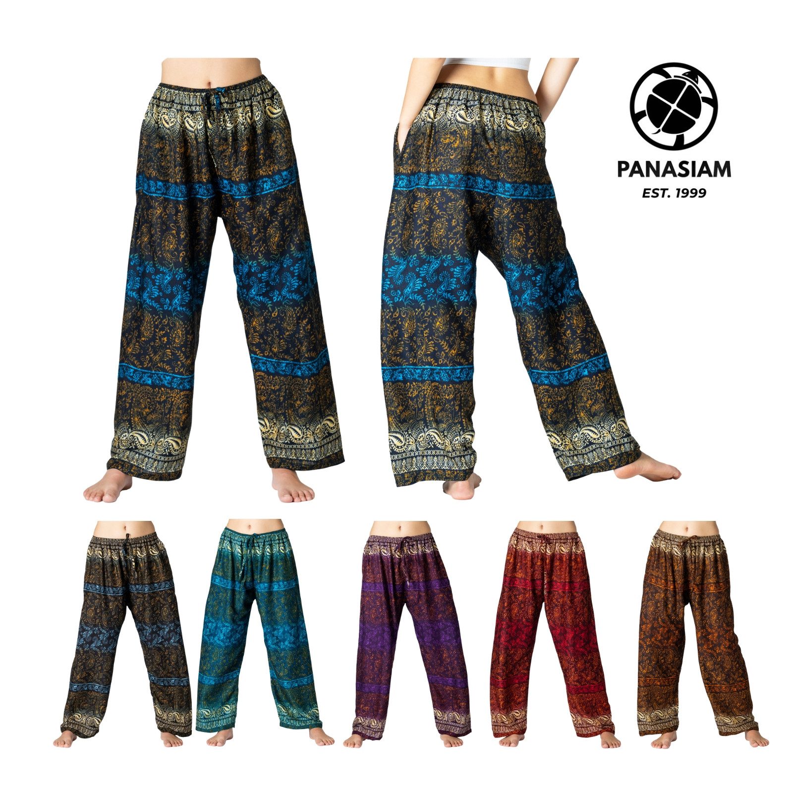PANASIAM Loungehose orientalische Relaxhose aus 100% Viskose Haremshose weite Wellnesshose alazzohose Muckhose Unisex Strandhose Spa-Hose für Freizeit Festival