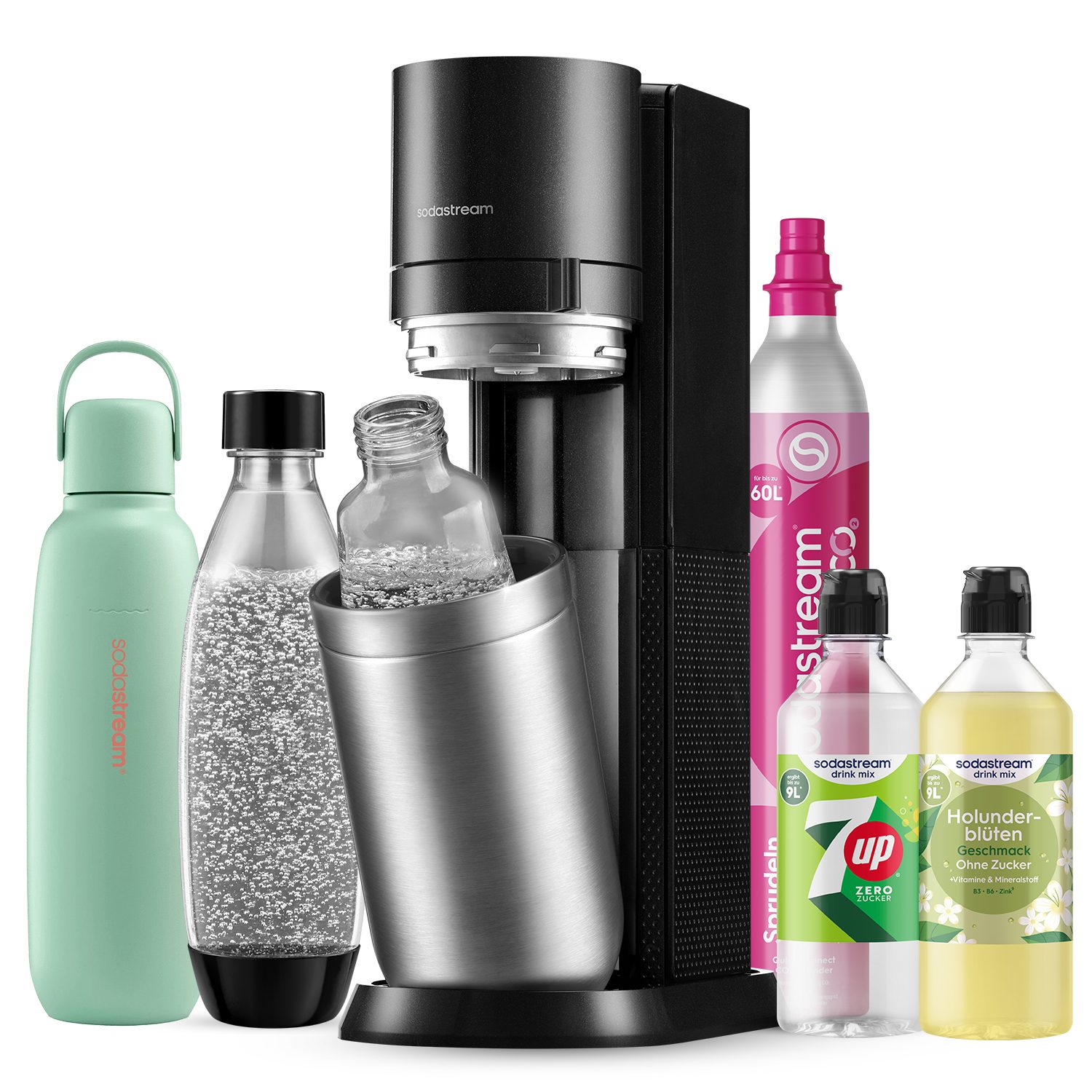 SodaStream Wassersprudler SodaStream DUO, titan, mit 3 Flaschen, 1 CO2-Zylinder und 2 Sirups, (Set, 7-tlg., Sirups: 1x 7up 440 ml, 1x Holunderblüte 440 ml), 1x Glasfl. 1L, 1x Kunststofffl. 1L, 1x Fizz&go COOL storm 0,9L