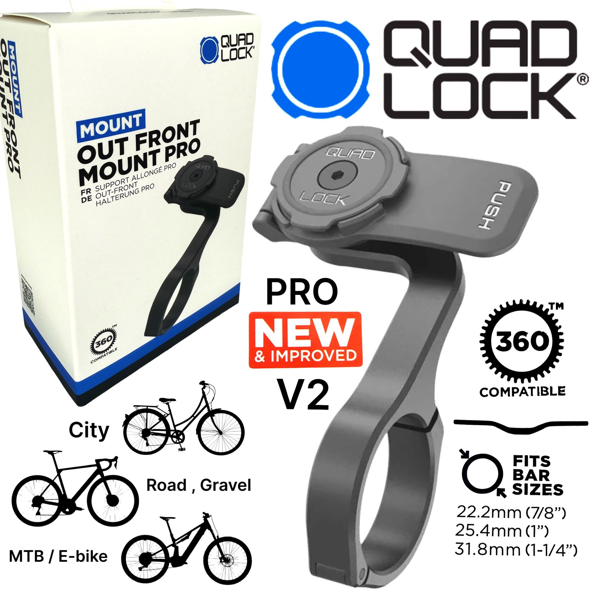 Quad Lock Handy-Halterung QUAD LOCK Fahrrad Fronthalterung PRO V2 Alu für Handy / Smartphone