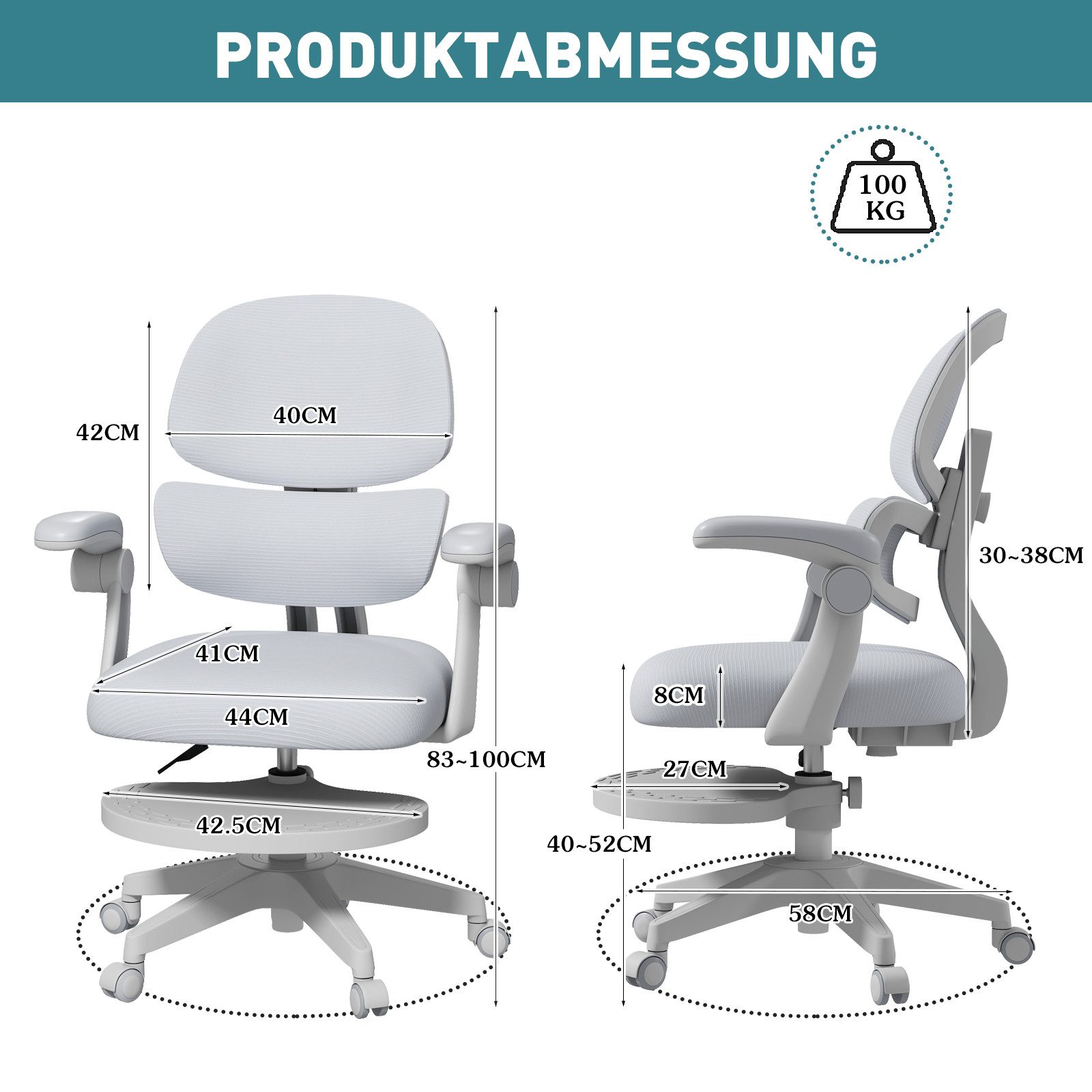 JOYLDIAS Schreibtischstuhl Ergonomischer Kinderstuhl mit Rückenlehne & Fußablage (1 St), Bürostuhl-Drehstuhl für Kinder & Jugendliche mit klappbaren Armlehnen