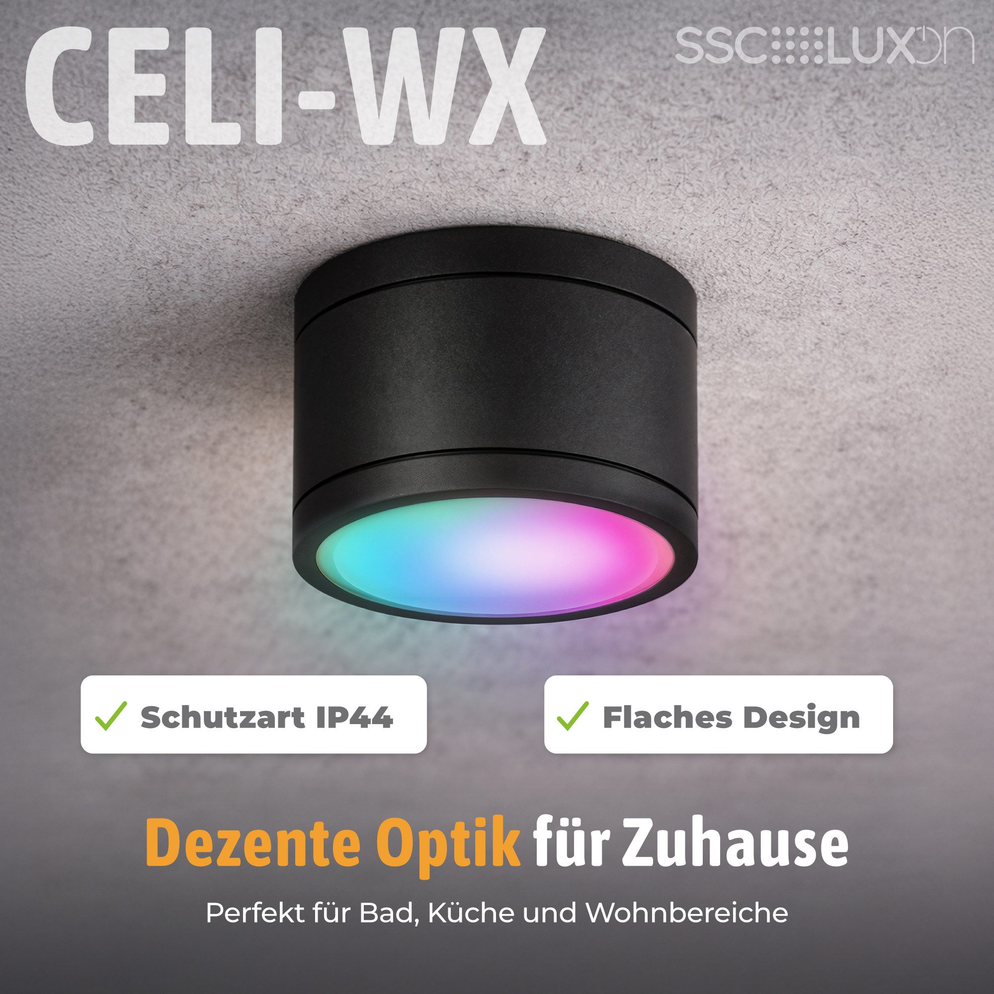 SSC-LUXon LED Außen-Deckenleuchte CELI-WX Bad Aufbauspot flach IP44 schwarz rund mit Smart WLAN LED, Smart
