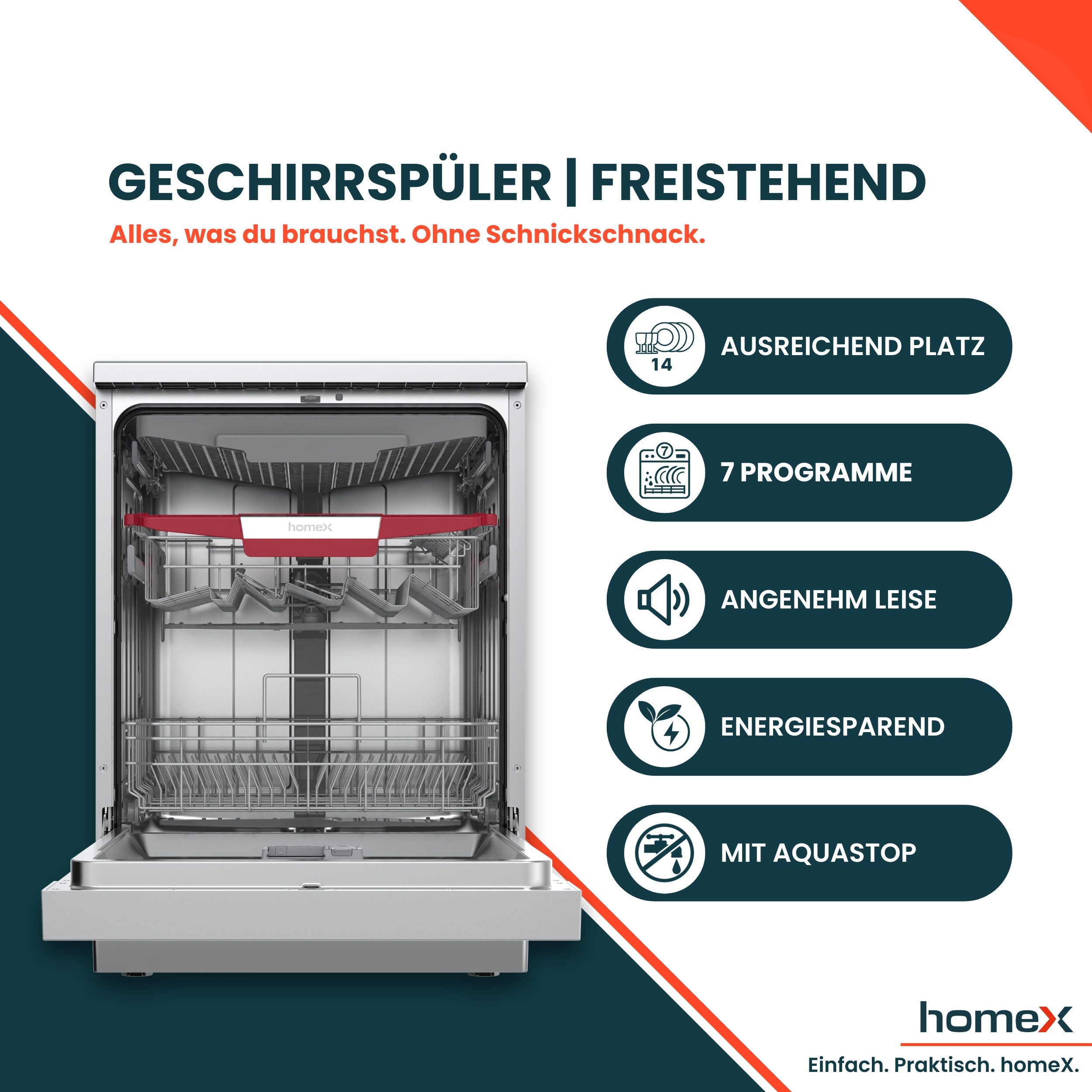 homeX Standgeschirrspüler DWFS601444C-S, 10 l, 14 Maßgedecke, Spülmaschine freistehend 60 cm, 14 Gedecke, AquaStop, unterbaufähig