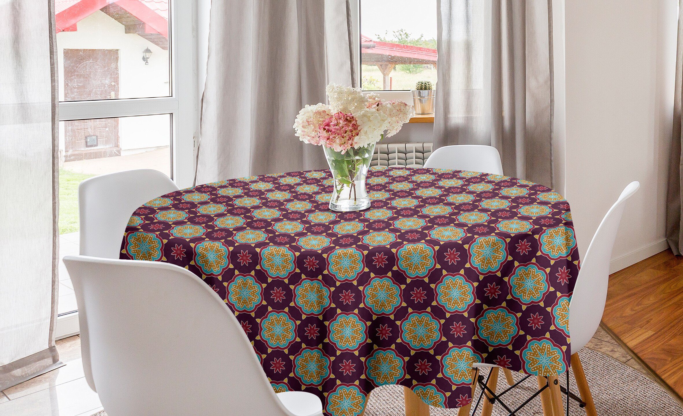 Abakuhaus Tischdecke Kreis Tischdecke Abdeckung für Esszimmer Küche Dekoration, Blumen Hand gezeichnete Blütenblätter Dots