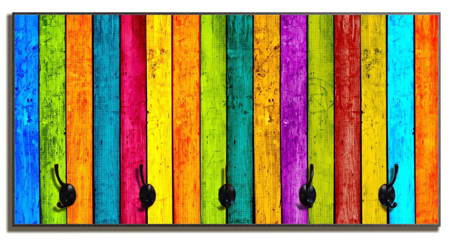 Wallario Garderobenpaneel Buntes Holz - bunte Streifen mit Farbe und Holzstruktur (1-teilig, inkl. Haken und Befestigung), 80x40cmHolz