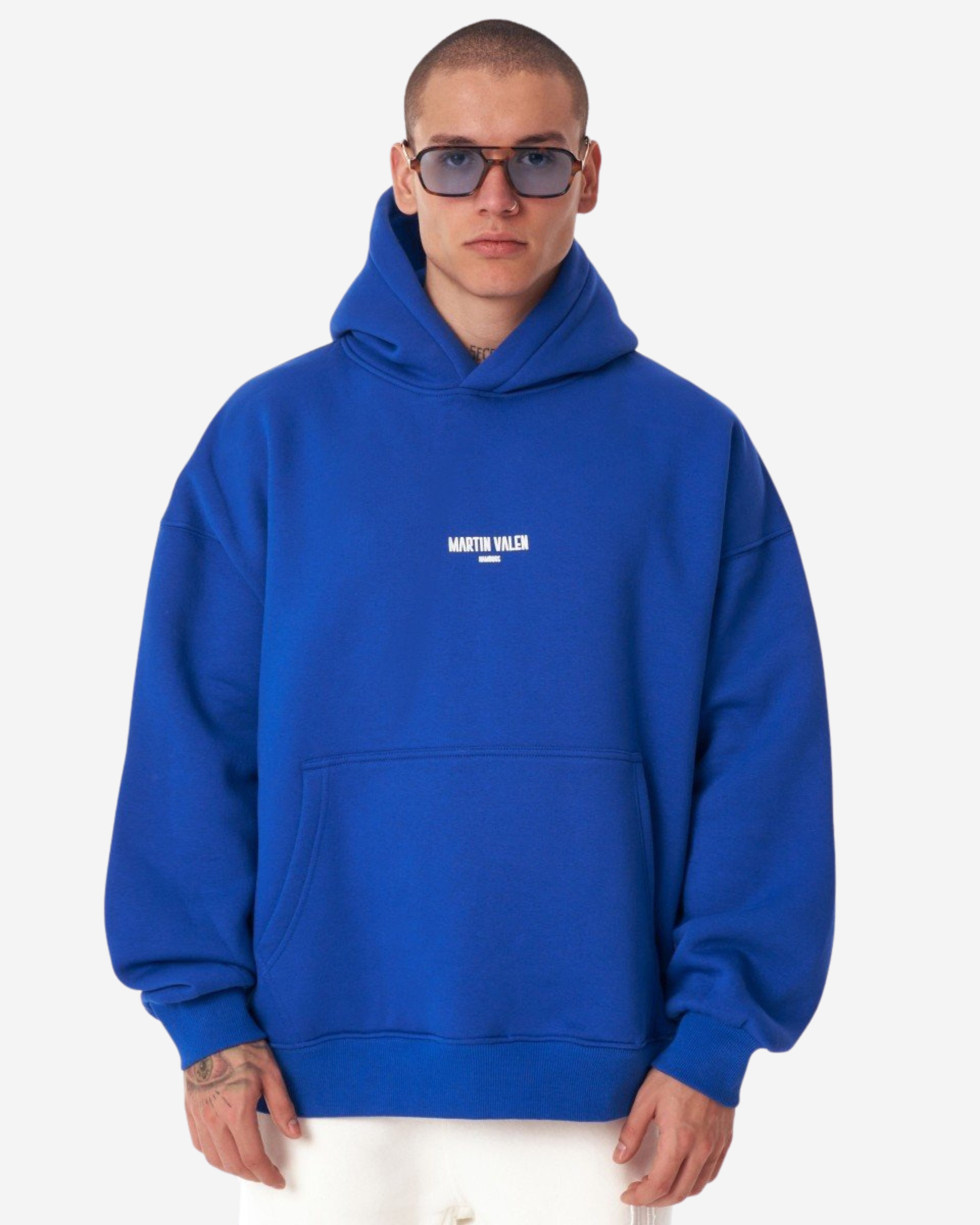 Martin Valen Kapuzenpullover Extra Großer Blauer Kapuzenpullover mit Puffdruck