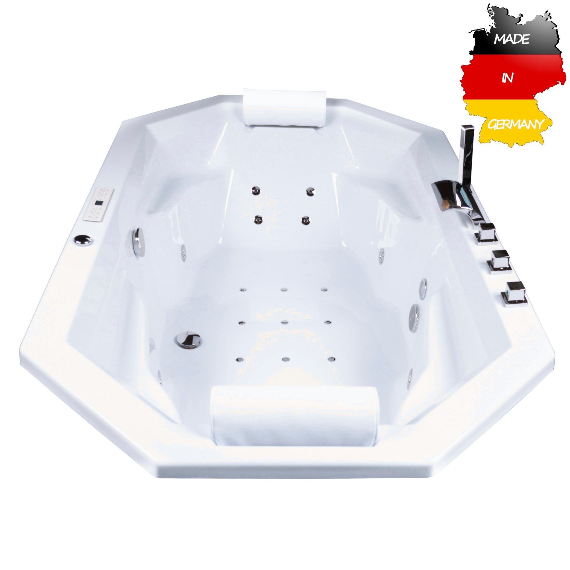 Basera® Whirlpool-Badewanne CLASSIC Indoor Podest-Whirlpool Badewanne Bora Bora 200 x 115 cm, (Komplett-Set), mit 24 Massagedüsen, Wasserfall, LED, Touchpanel, Bluetooth und Radio