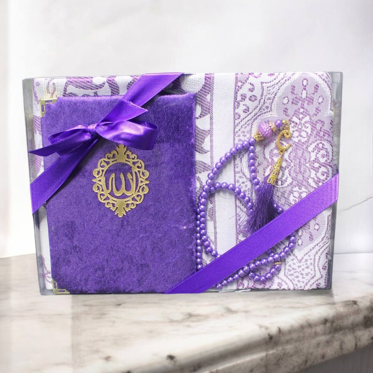 Aymasal Läufer Geschenkset 3 tlg. Gebetsteppich + 99 Perlen Gebetskette + Koran Juz